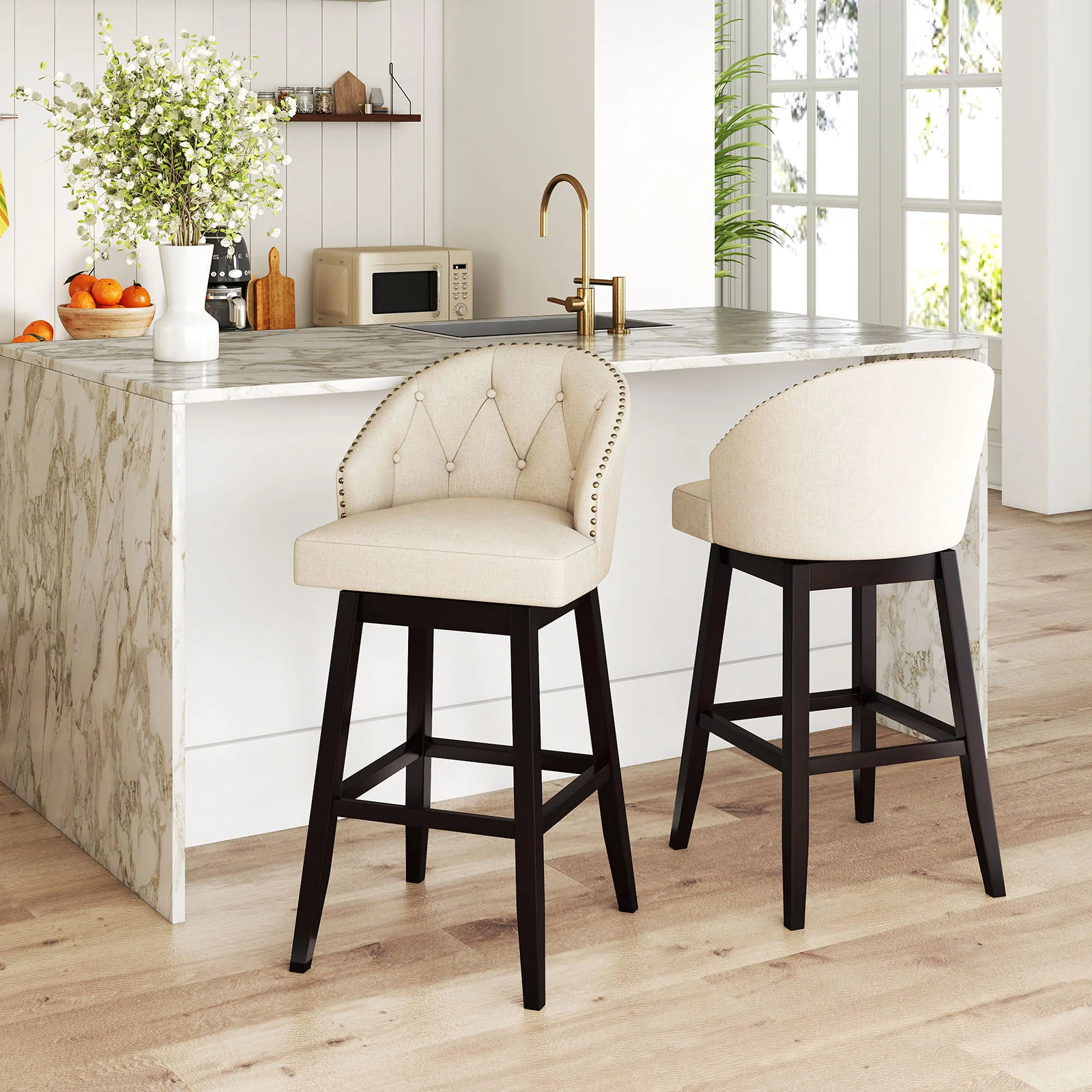 Swivel Bar Stools, Tufted Bar Height Pub Chairs, Rubber Wood Legs, Beige - Image 2