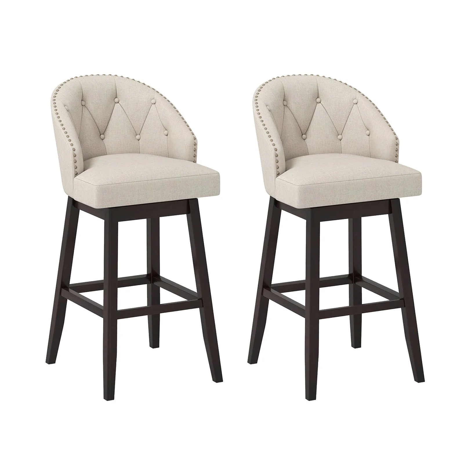 Swivel Bar Stools, Tufted Bar Height Pub Chairs, Rubber Wood Legs, Beige - Image 4