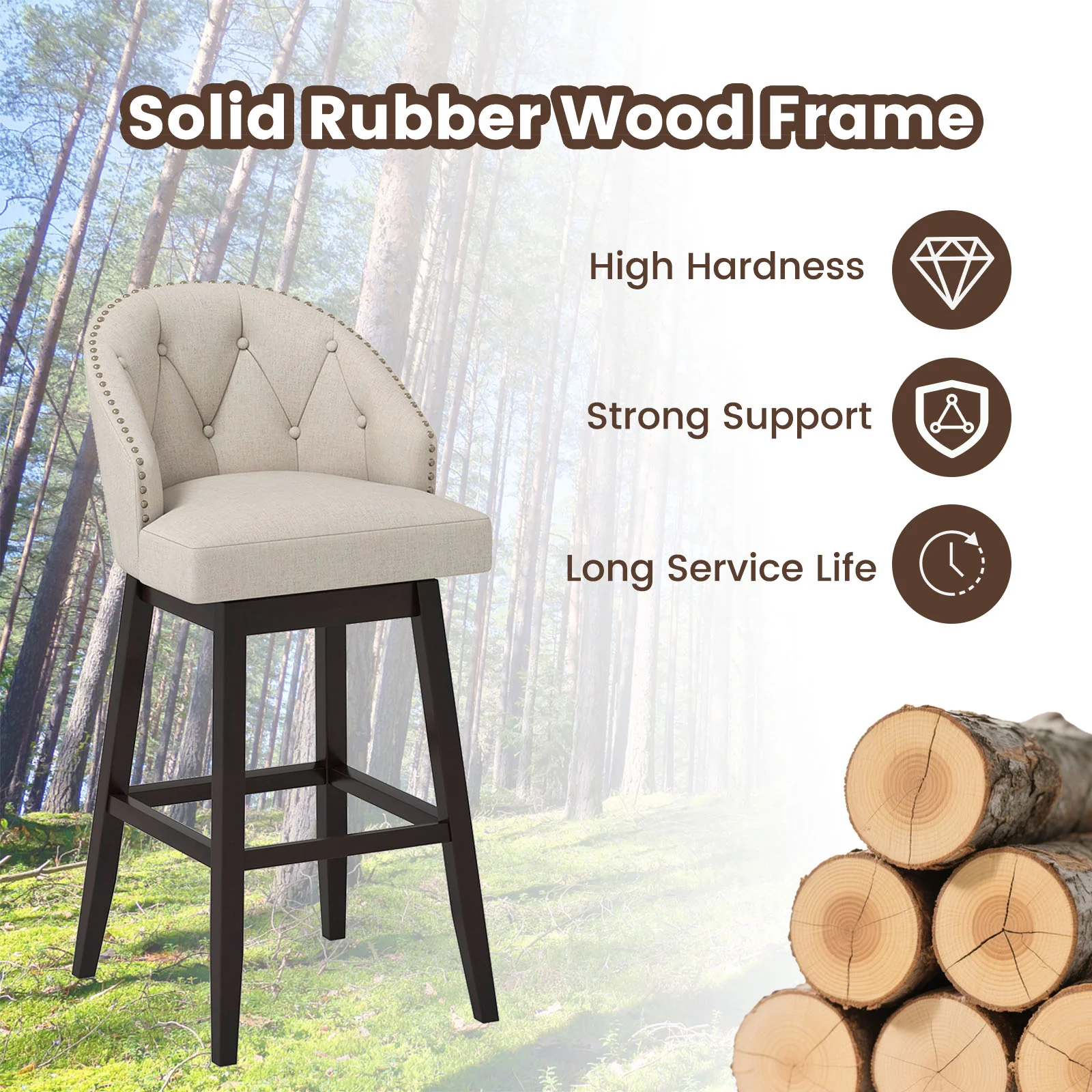 Swivel Bar Stools, Tufted Bar Height Pub Chairs, Rubber Wood Legs, Beige - Image 6