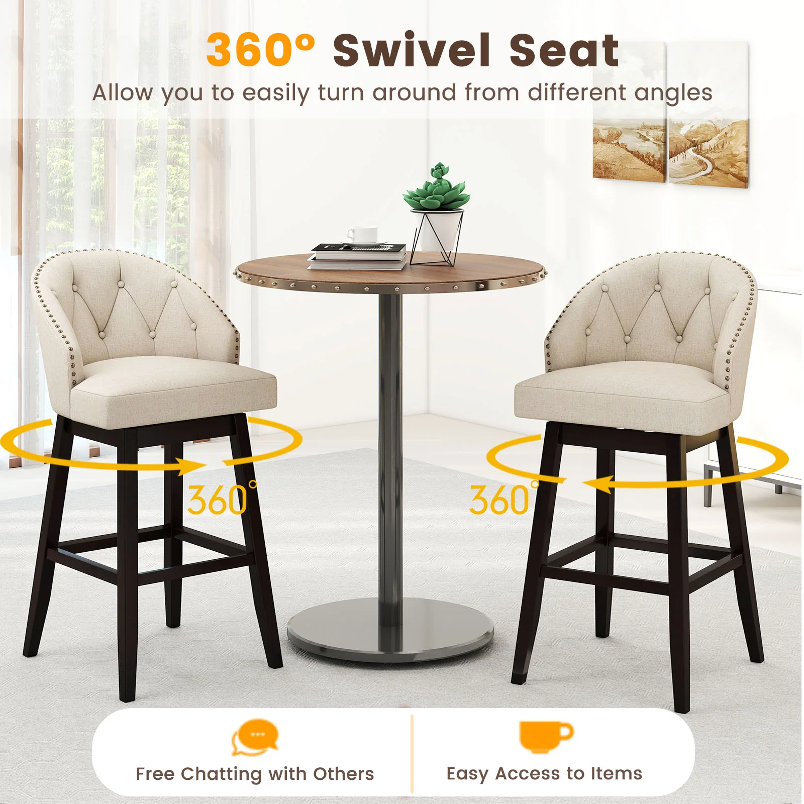 Swivel Bar Stools, Tufted Bar Height Pub Chairs, Rubber Wood Legs, Beige - Image 7