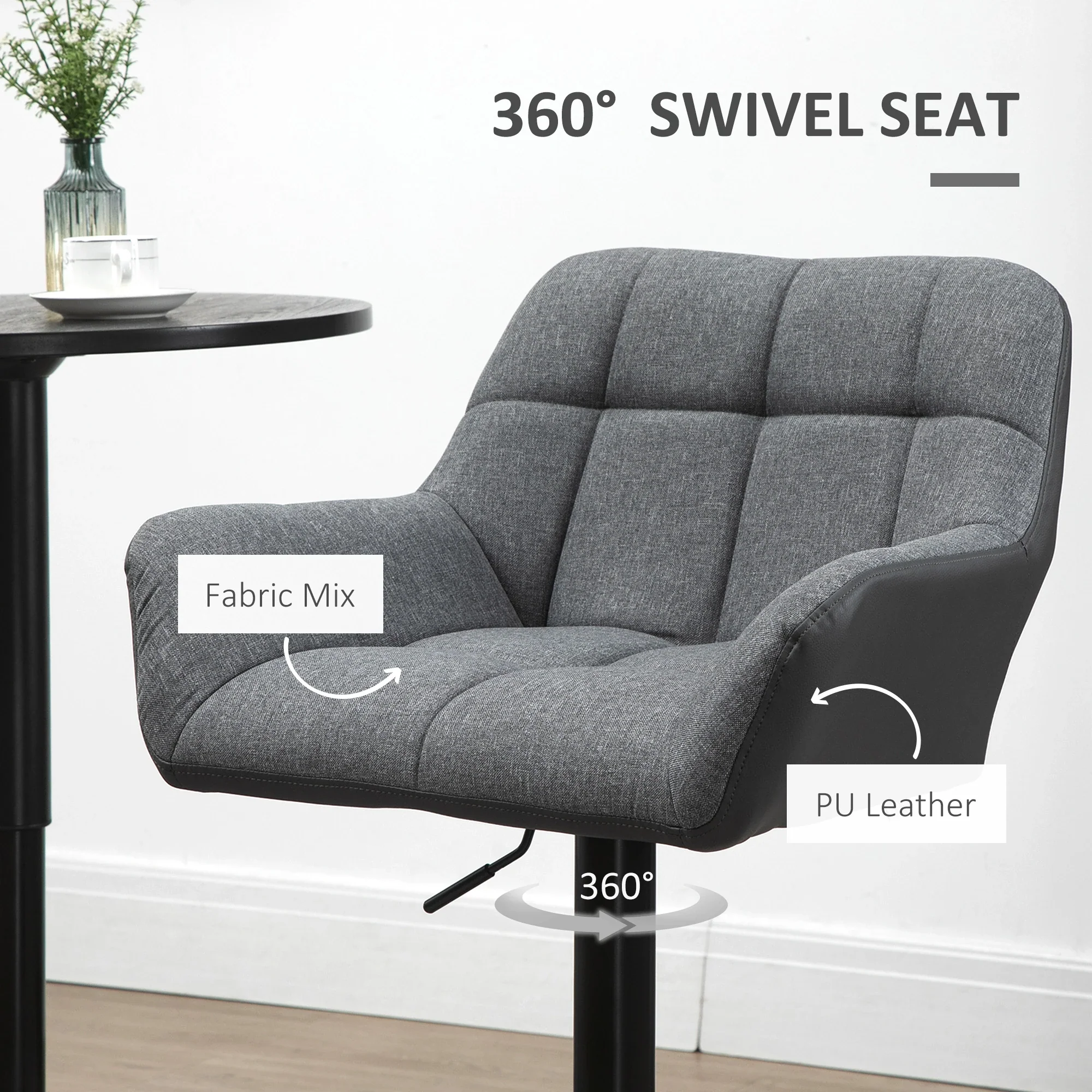 Swivel Barstools Set of 2, Adjustable Height, PU Leather, Grey - Image 6