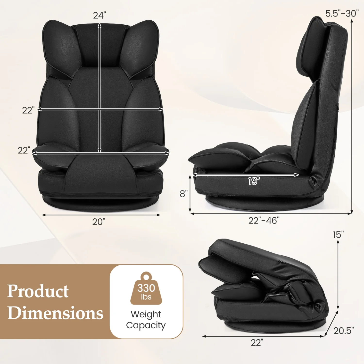 Swivel Floor Gaming Chair, Adjustable Backrest, Black - Image 5