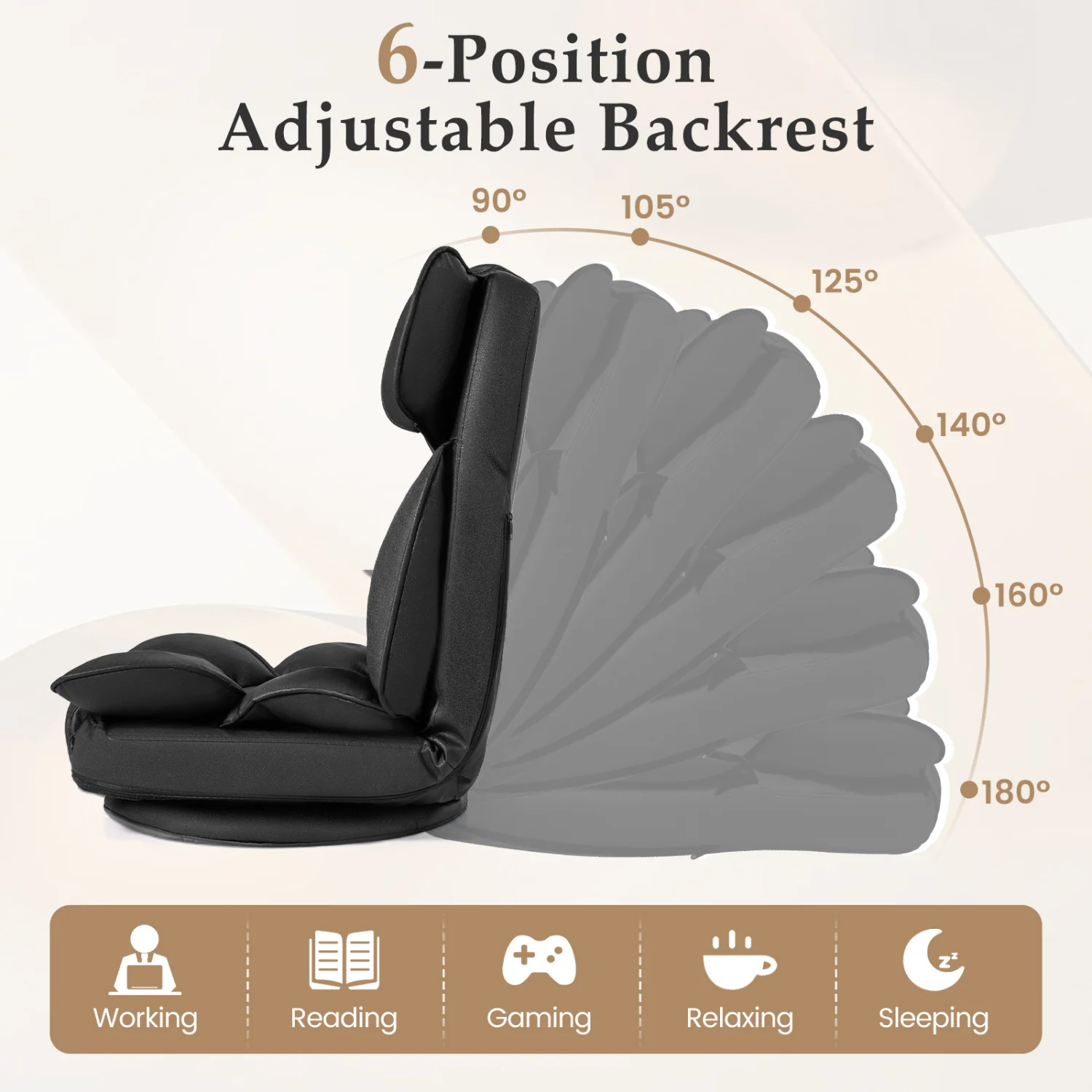 Swivel Floor Gaming Chair, Adjustable Backrest, Black - Image 7