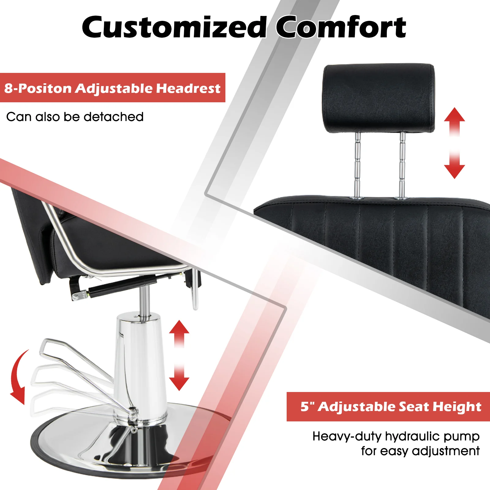 Swivel Hydraulic Barber Chair, Adjustable Headrest, Reclining Backrest, Black - Image 7
