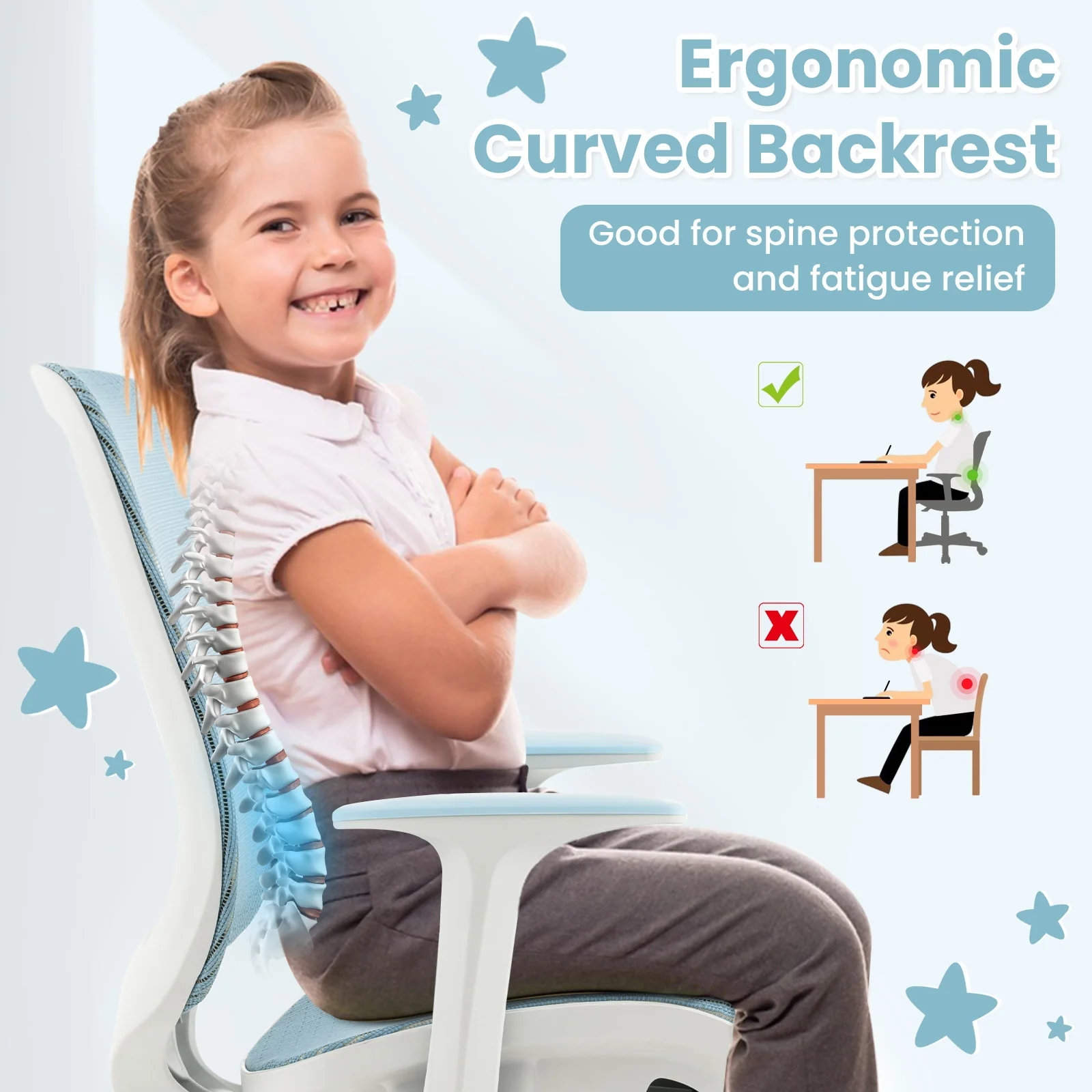 Swivel Mesh Children Computer Chair, Adjustable Height, Blue - Image 10