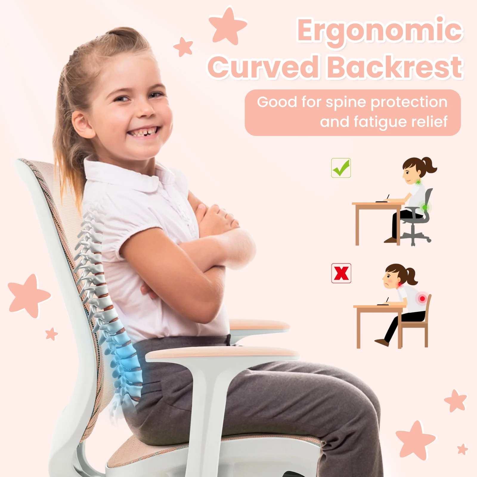 Swivel Mesh Children Computer Chair, Adjustable Height, Pink - Image 10