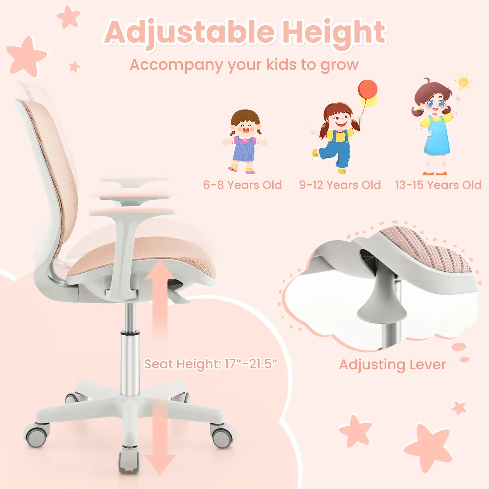 Swivel Mesh Children Computer Chair, Adjustable Height, Pink - Image 8