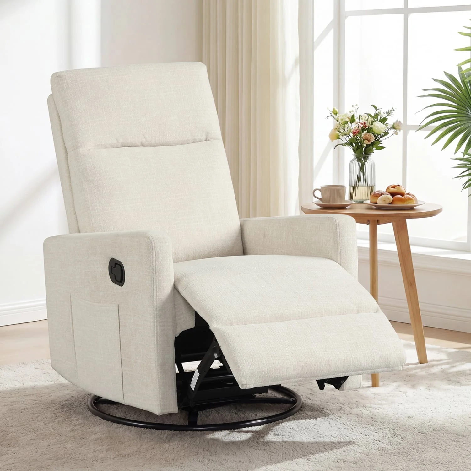 Swivel Rocking Chair 360° Recliner with Cushioned Back, Beige - Image 2