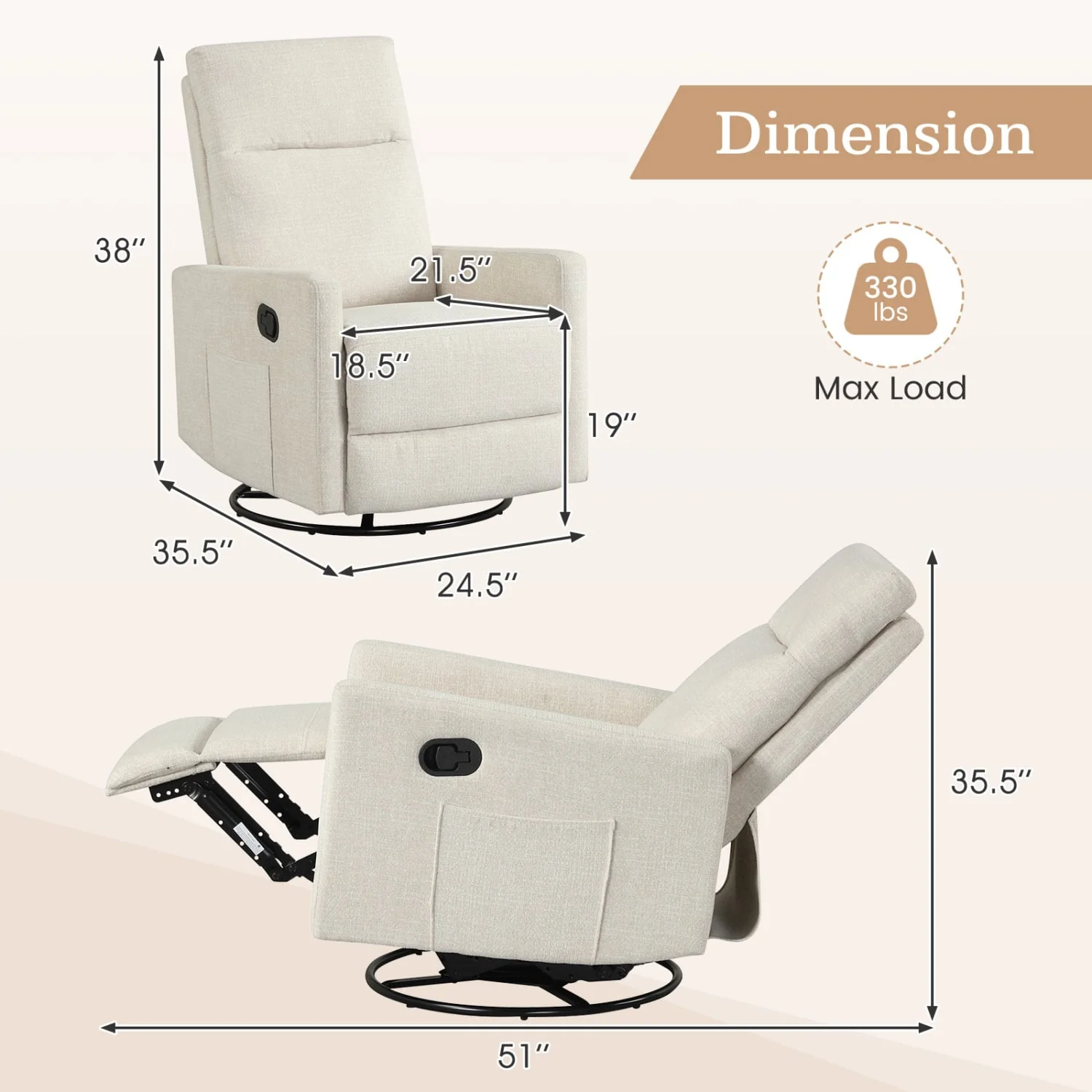 Swivel Rocking Chair 360° Recliner with Cushioned Back, Beige - Image 4