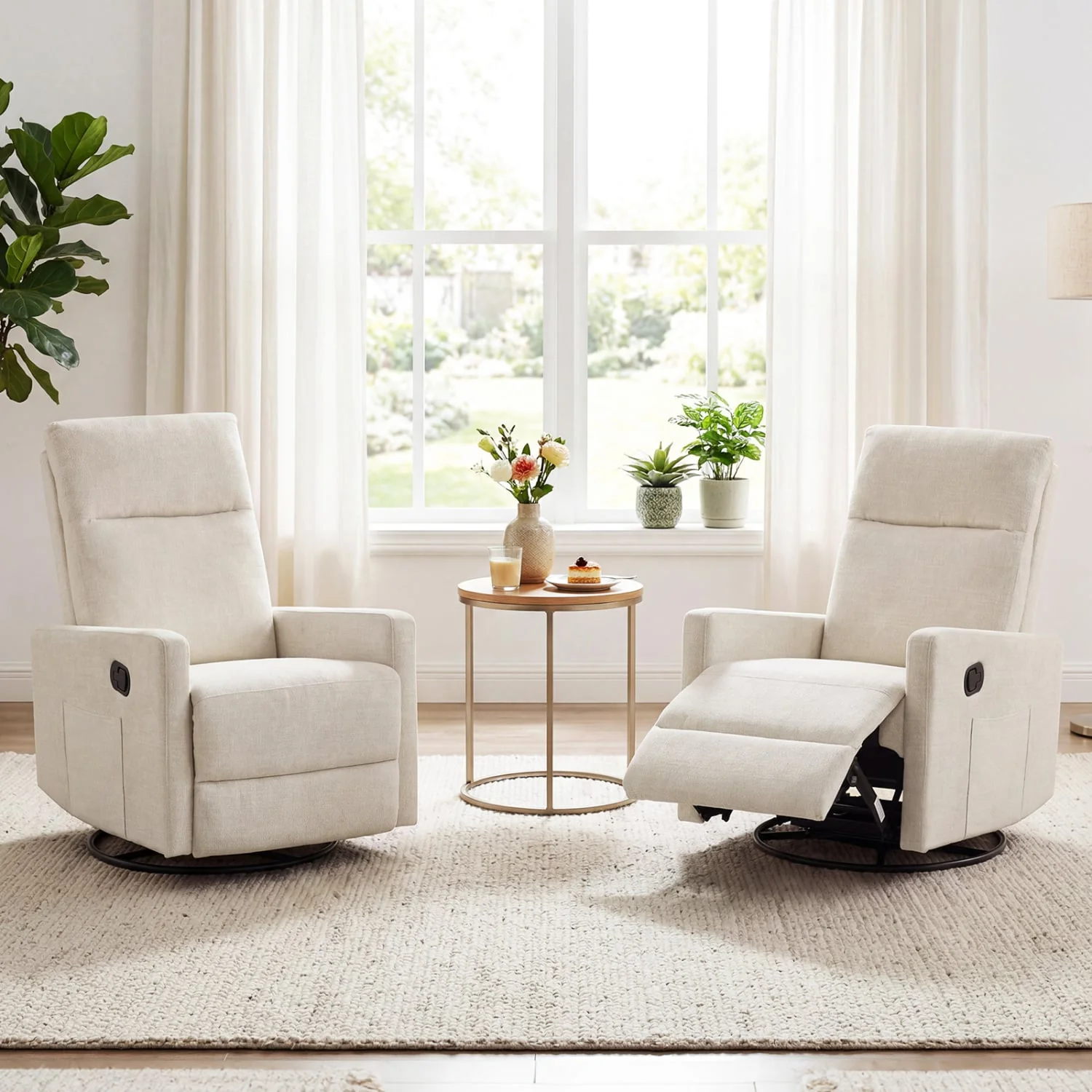 Swivel Rocking Chair 360° Recliner with Cushioned Back, Beige - Image 5