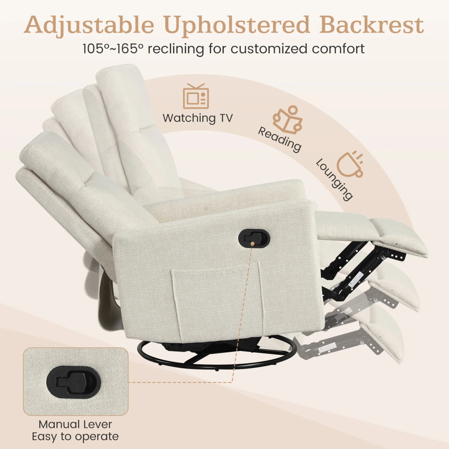 Swivel Rocking Chair 360° Recliner with Cushioned Back, Beige - Image 7