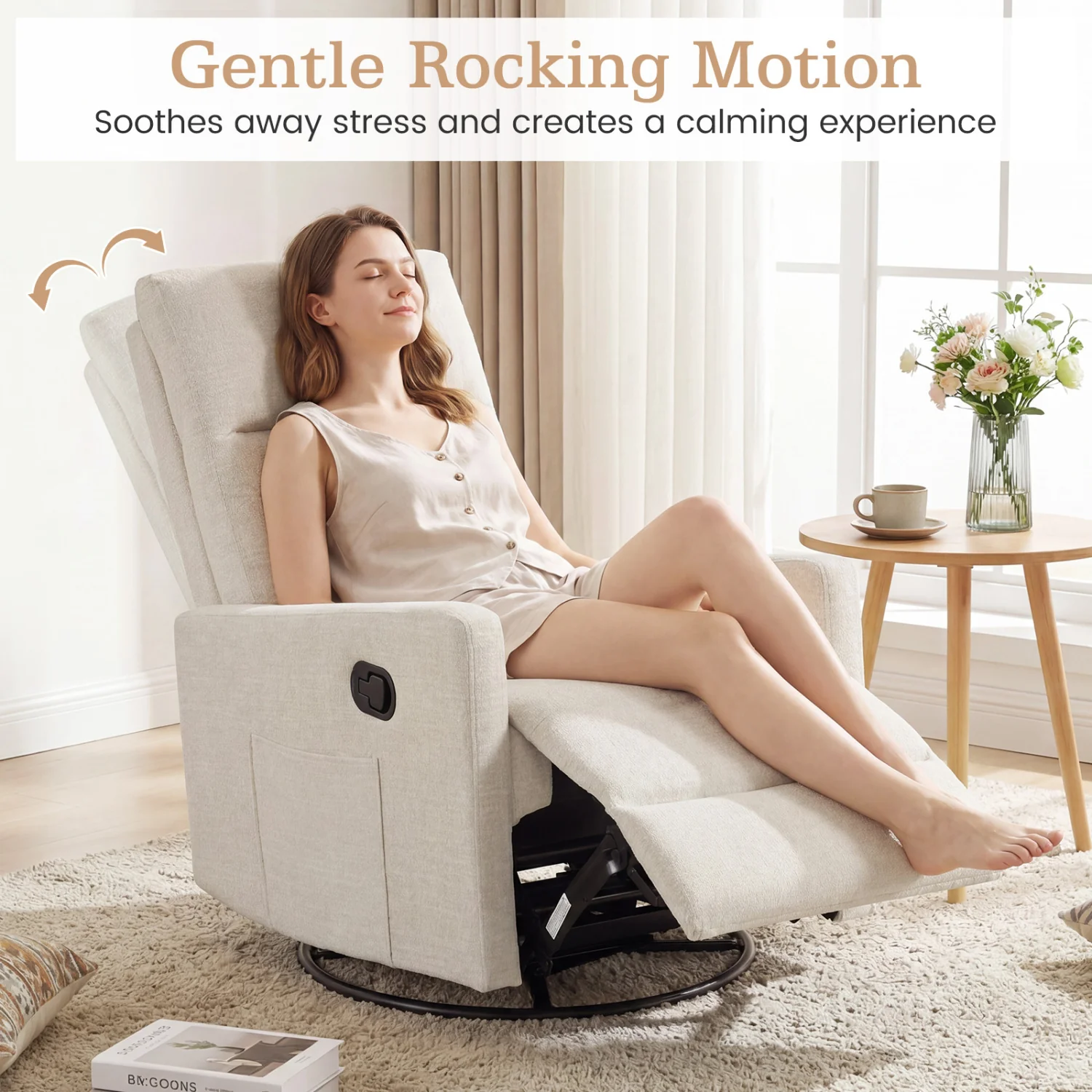 Swivel Rocking Chair 360° Recliner with Cushioned Back, Beige - Image 8