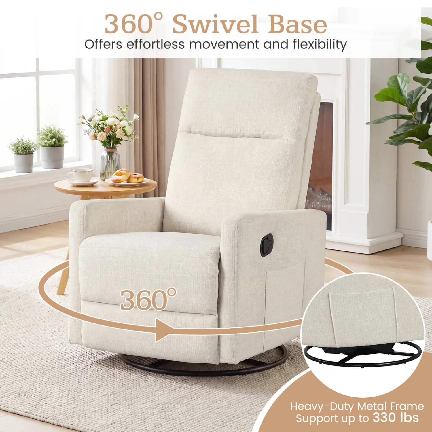 Swivel Rocking Chair 360° Recliner with Cushioned Back, Beige - Image 9