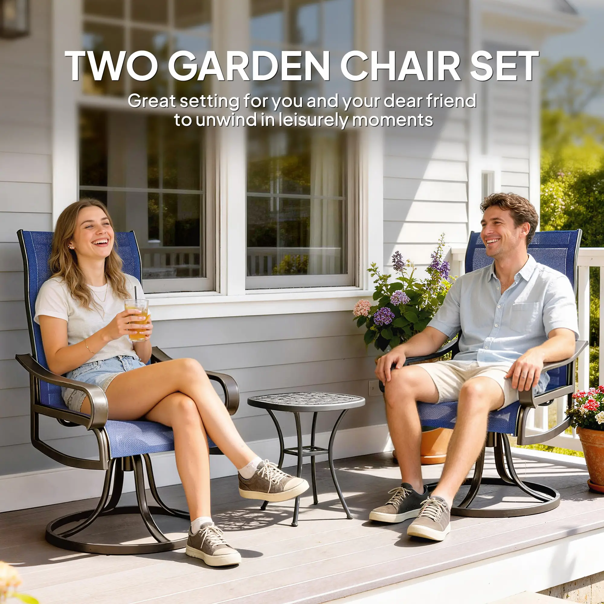 Swivel Rocking Outdoor Chairs, Set of 2, Breathable Mesh, Navy Blue - Image 4