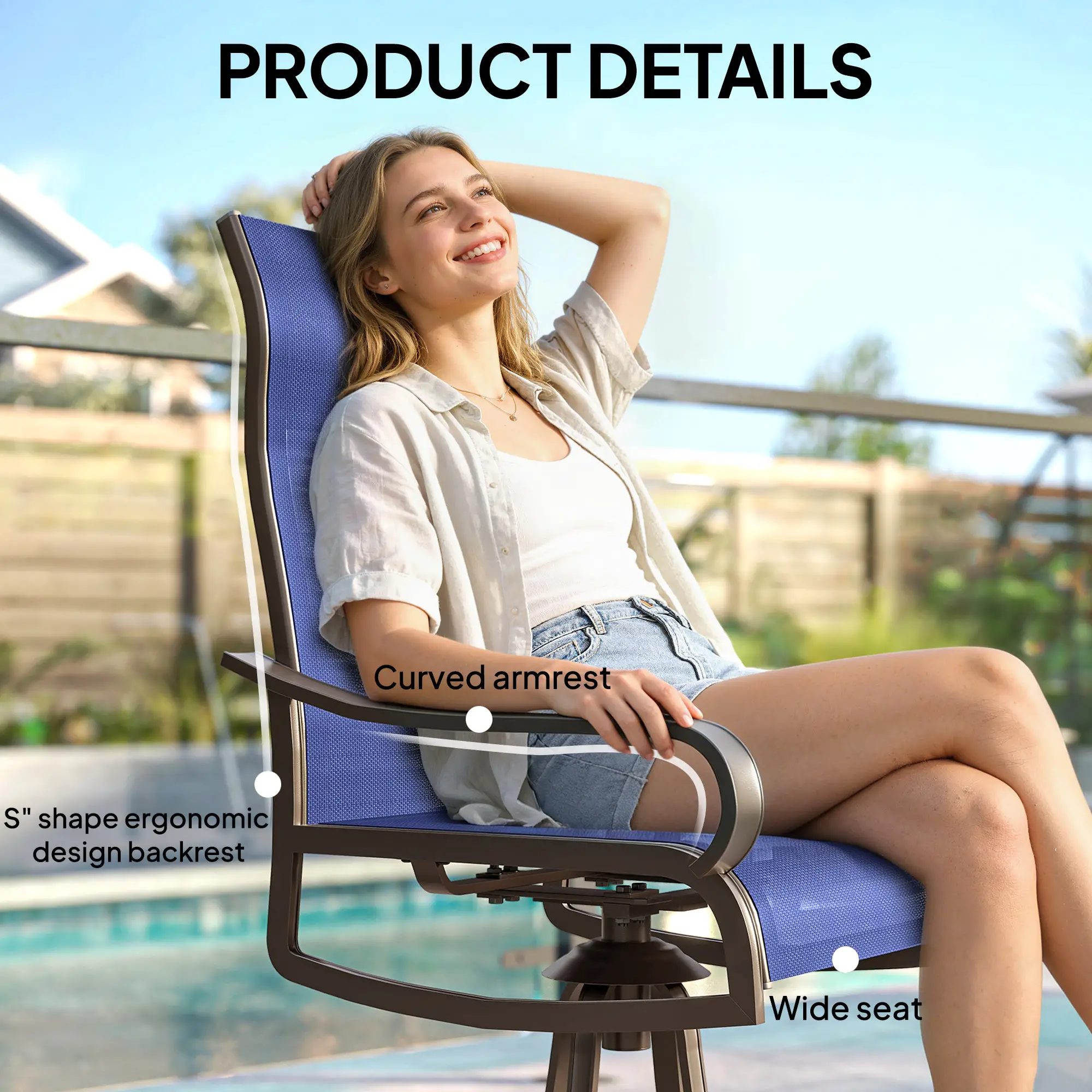 Swivel Rocking Outdoor Chairs, Set of 2, Breathable Mesh, Navy Blue - Image 7