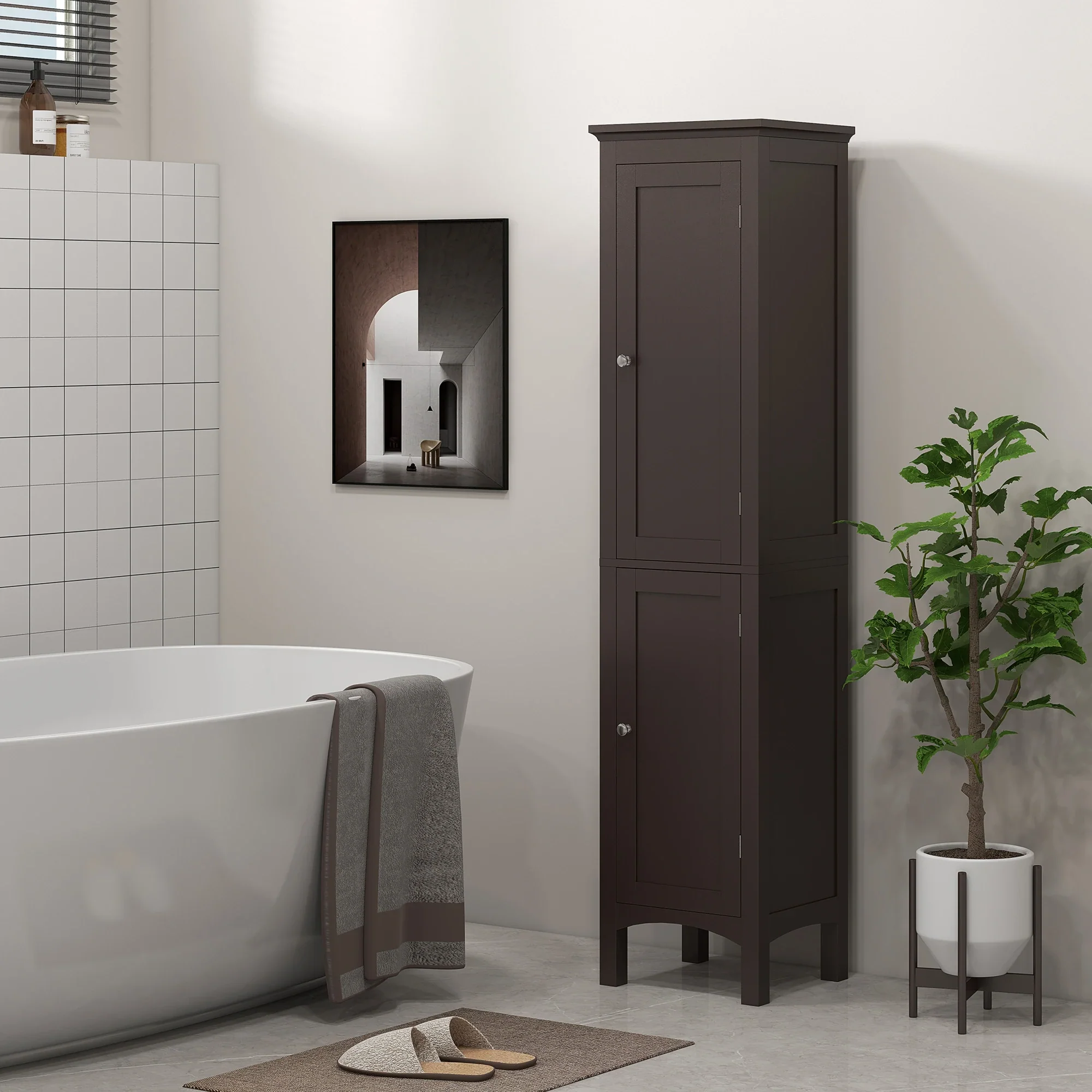 Tall Bathroom Cabinet, Freestanding Storage, Adjustable Shelves, 15" x 13" x 63", Dark Brown - Image 2