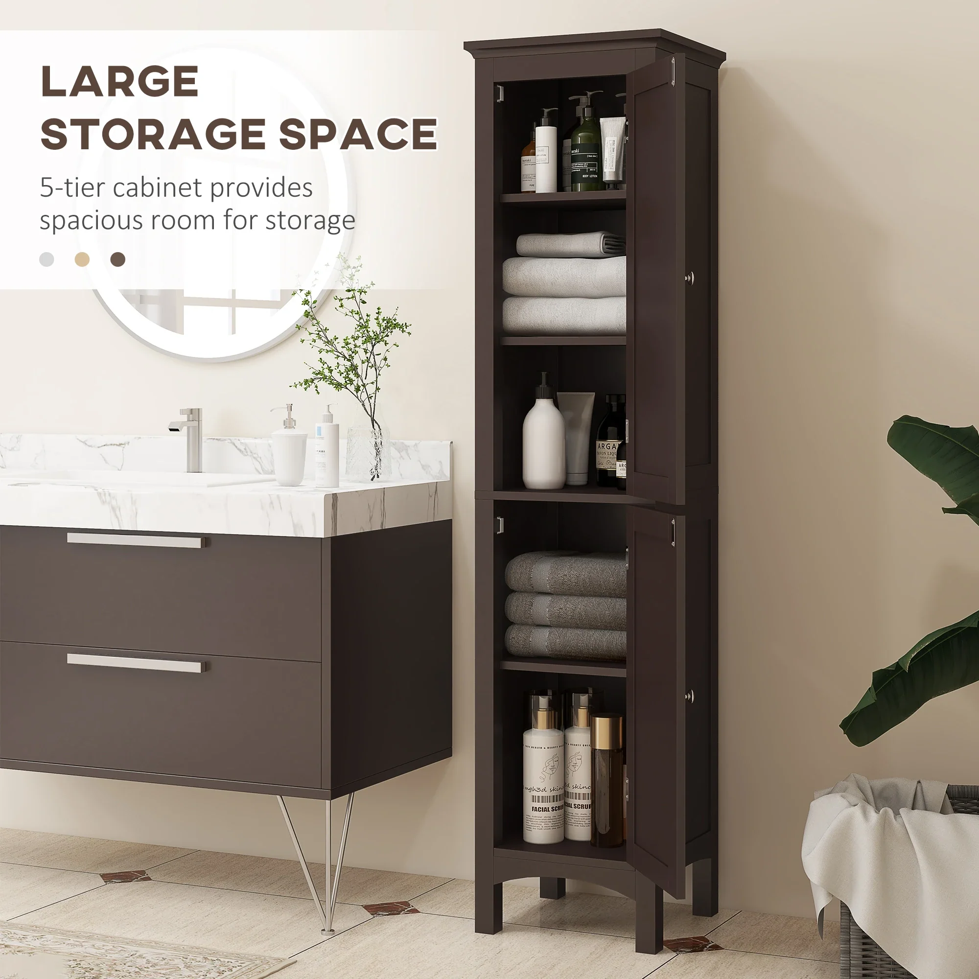 Tall Bathroom Cabinet, Freestanding Storage, Adjustable Shelves, 15" x 13" x 63", Dark Brown - Image 4