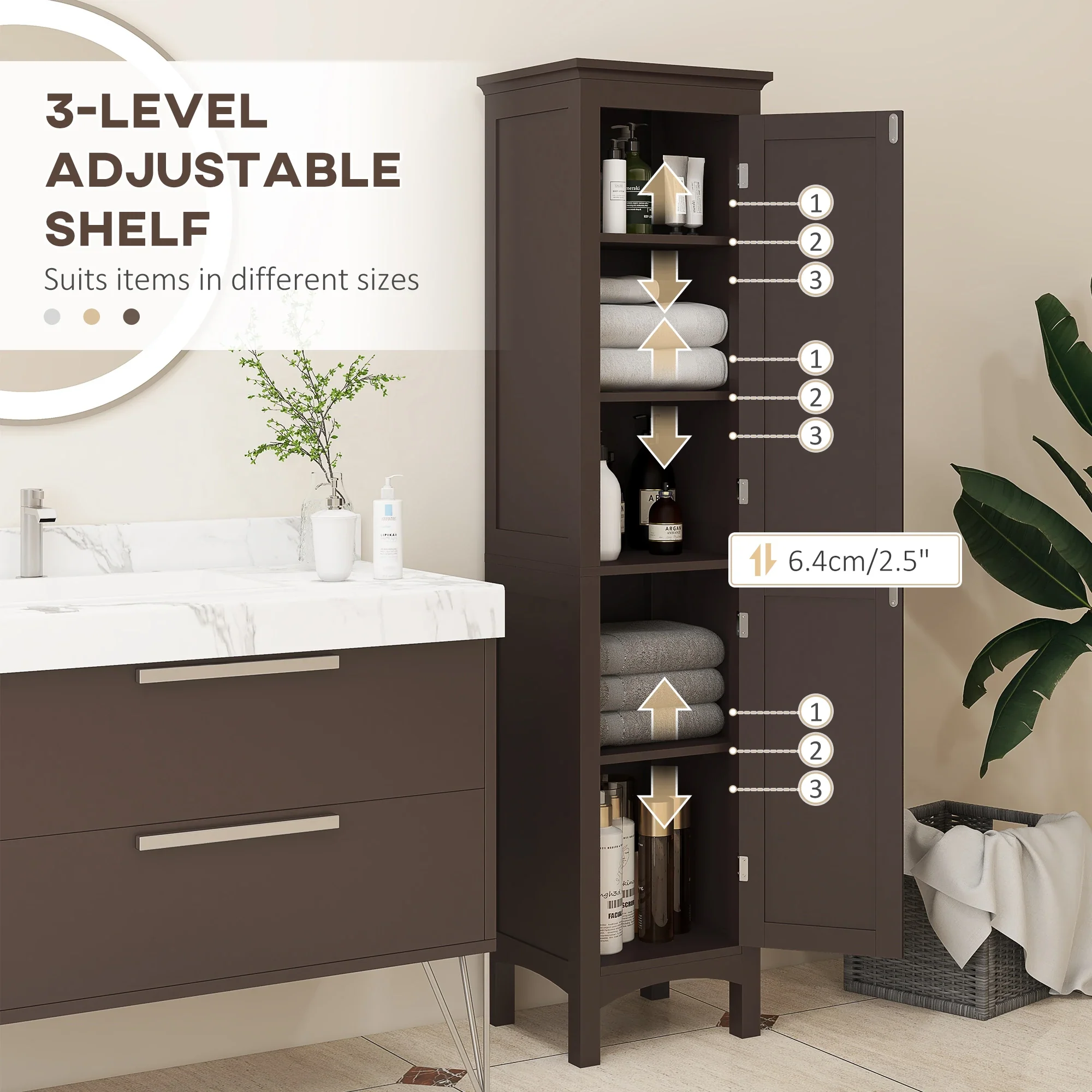 Tall Bathroom Cabinet, Freestanding Storage, Adjustable Shelves, 15" x 13" x 63", Dark Brown - Image 5