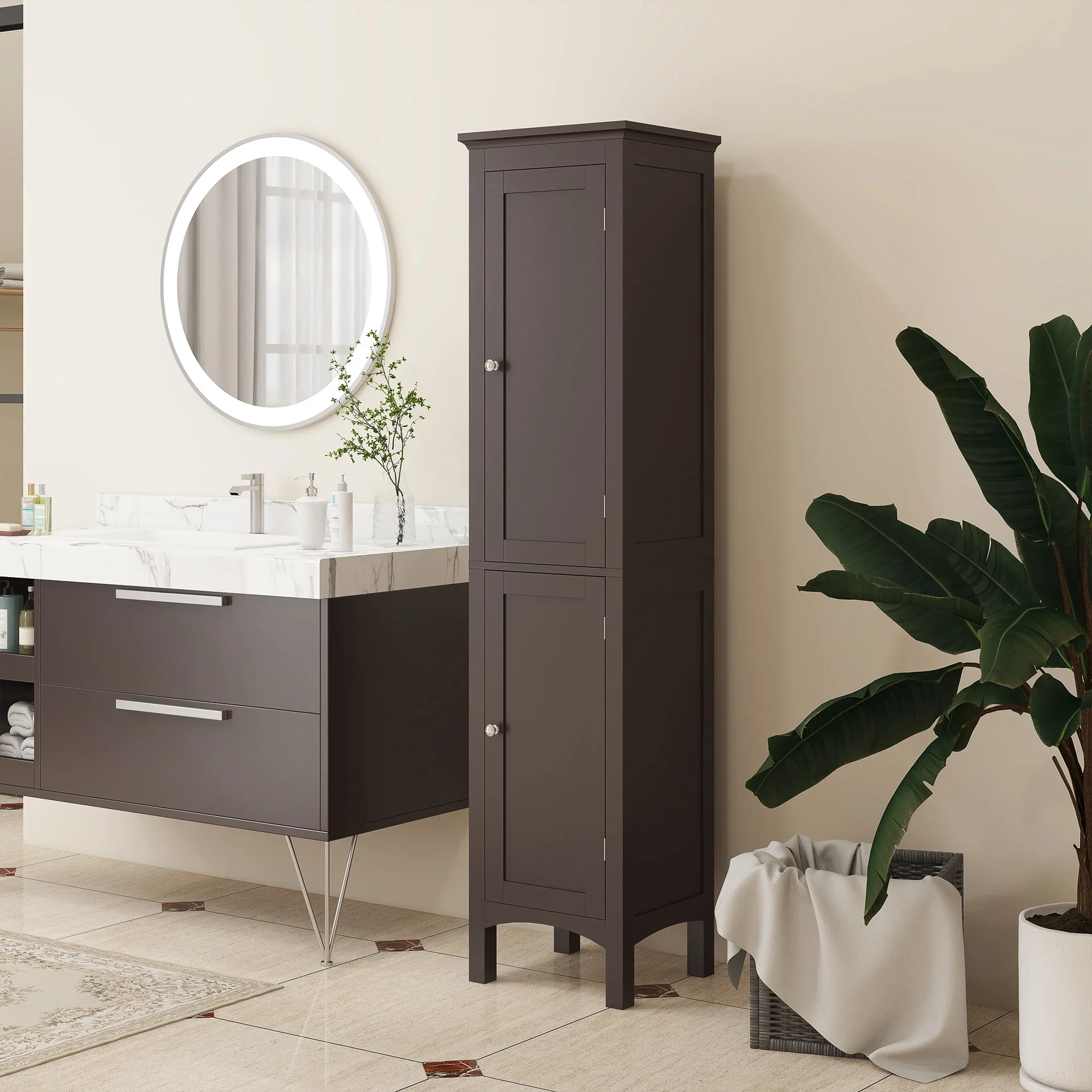 Tall Bathroom Cabinet, Freestanding Storage, Adjustable Shelves, 15" x 13" x 63", Dark Brown - Image 7