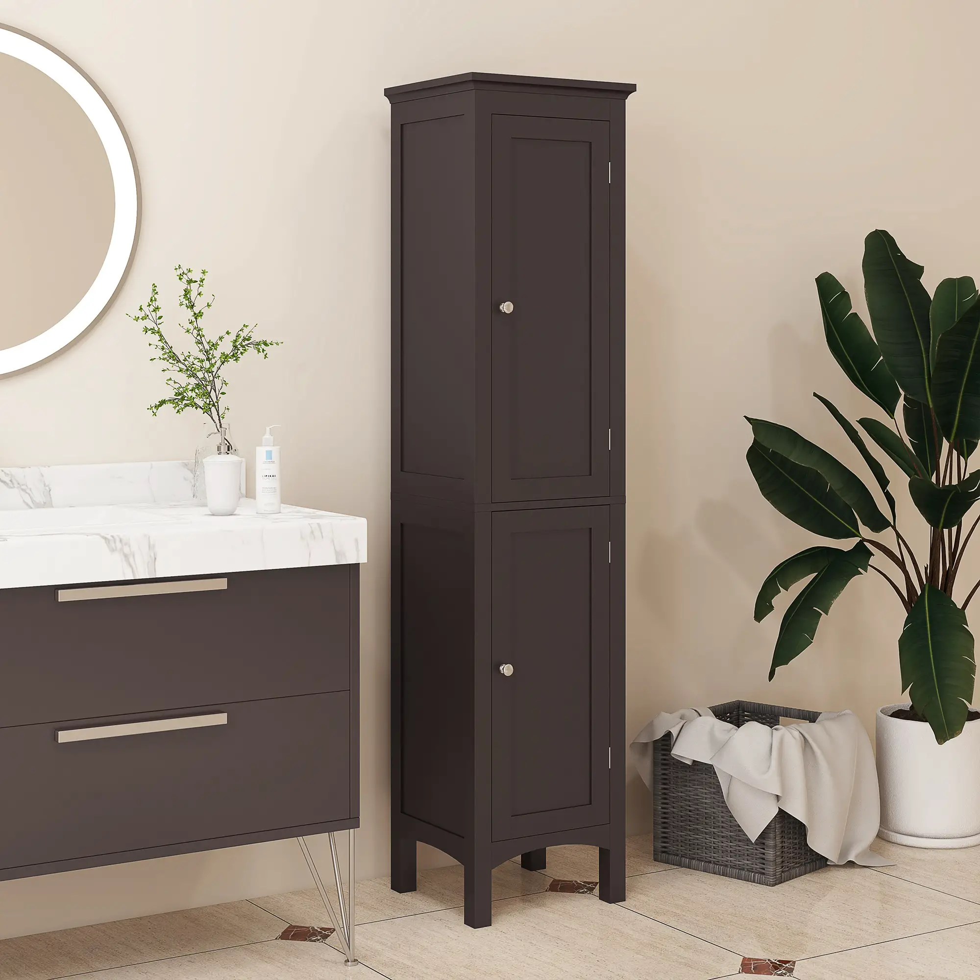 Tall Bathroom Cabinet, Freestanding Storage, Adjustable Shelves, 15" x 13" x 63", Dark Brown - Image 9