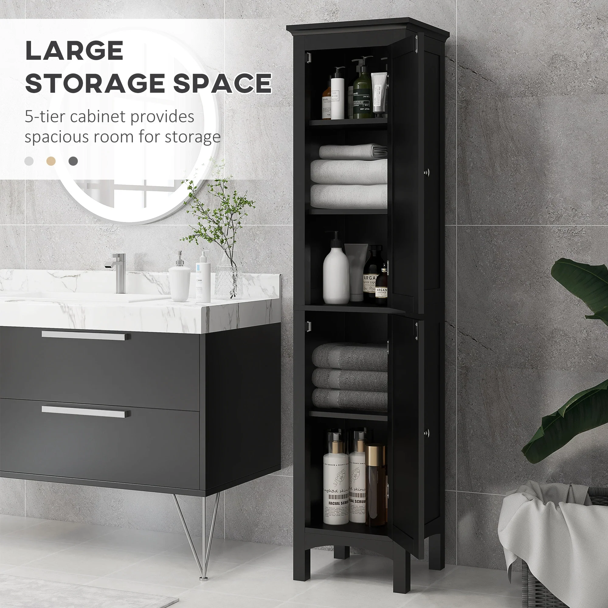 Tall Bathroom Cabinet, Freestanding Storage Organizer, 15" x 13" x 63", Black - Image 4