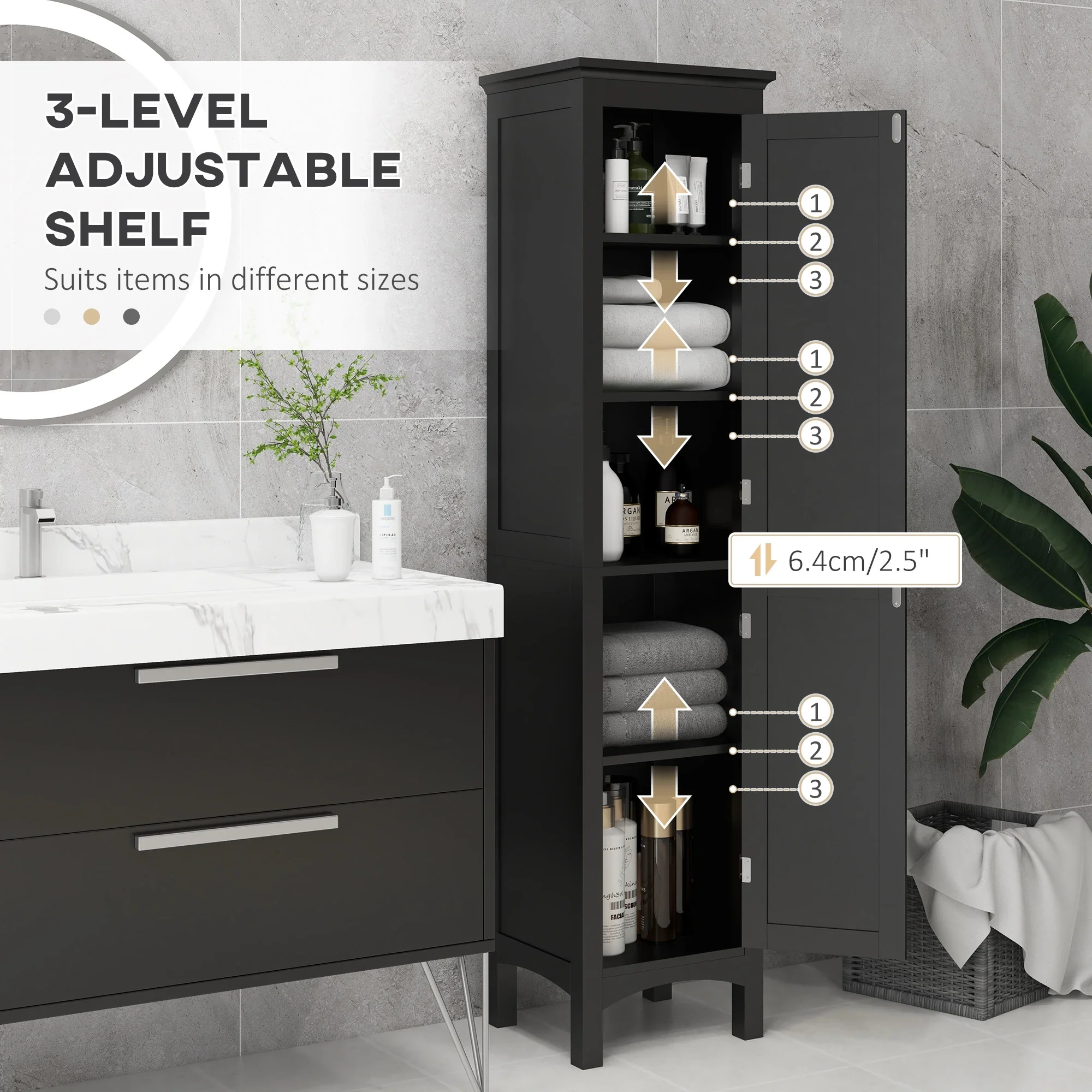 Tall Bathroom Cabinet, Freestanding Storage Organizer, 15" x 13" x 63", Black - Image 5