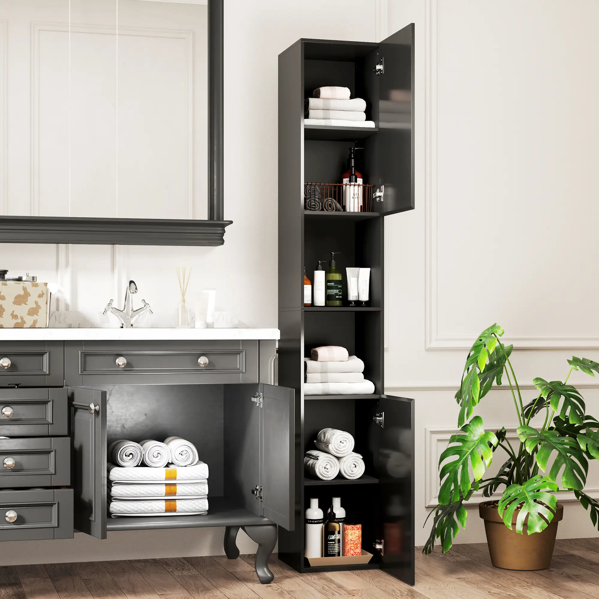 Tall Bathroom Cabinet, High Gloss Storage, Adjustable Shelves, 11.8" x 11.8" x 71.5", Black - Image 10