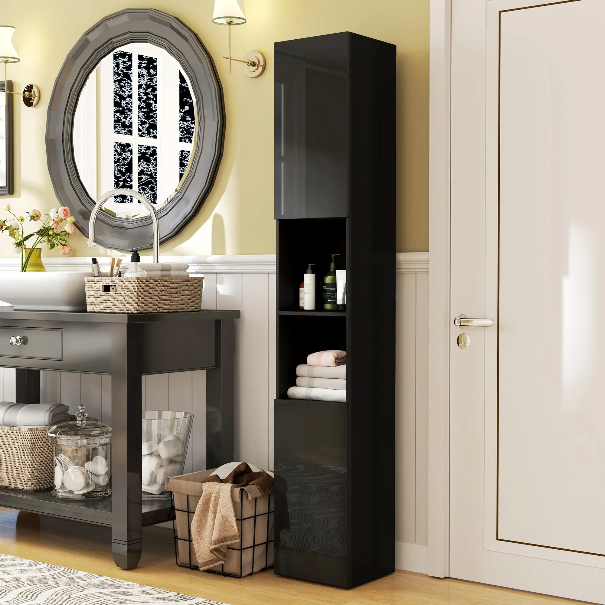 Tall Bathroom Cabinet, High Gloss Storage, Adjustable Shelves, 11.8" x 11.8" x 71.5", Black - Image 2