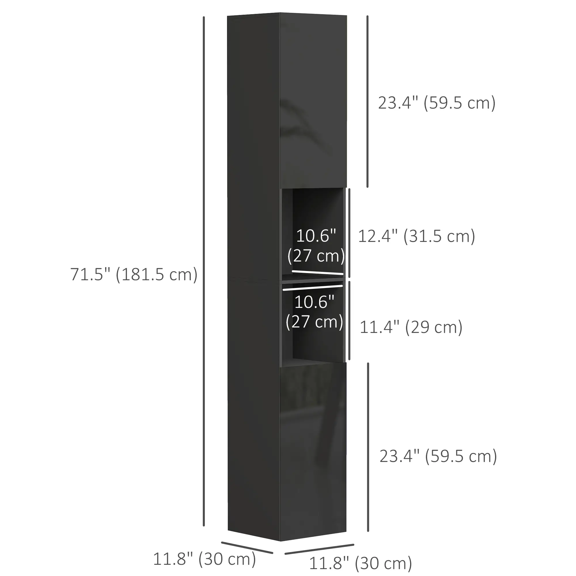 Tall Bathroom Cabinet, High Gloss Storage, Adjustable Shelves, 11.8" x 11.8" x 71.5", Black - Image 3