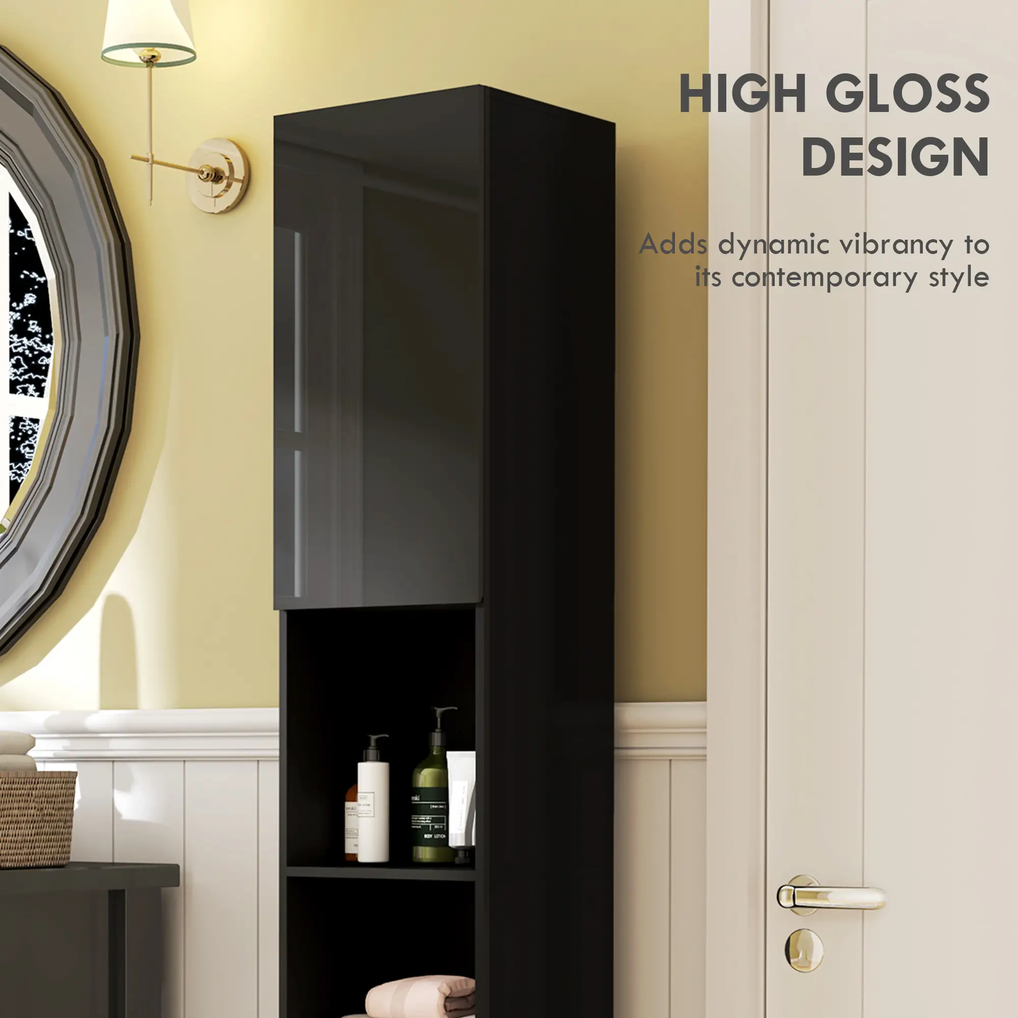 Tall Bathroom Cabinet, High Gloss Storage, Adjustable Shelves, 11.8" x 11.8" x 71.5", Black - Image 4