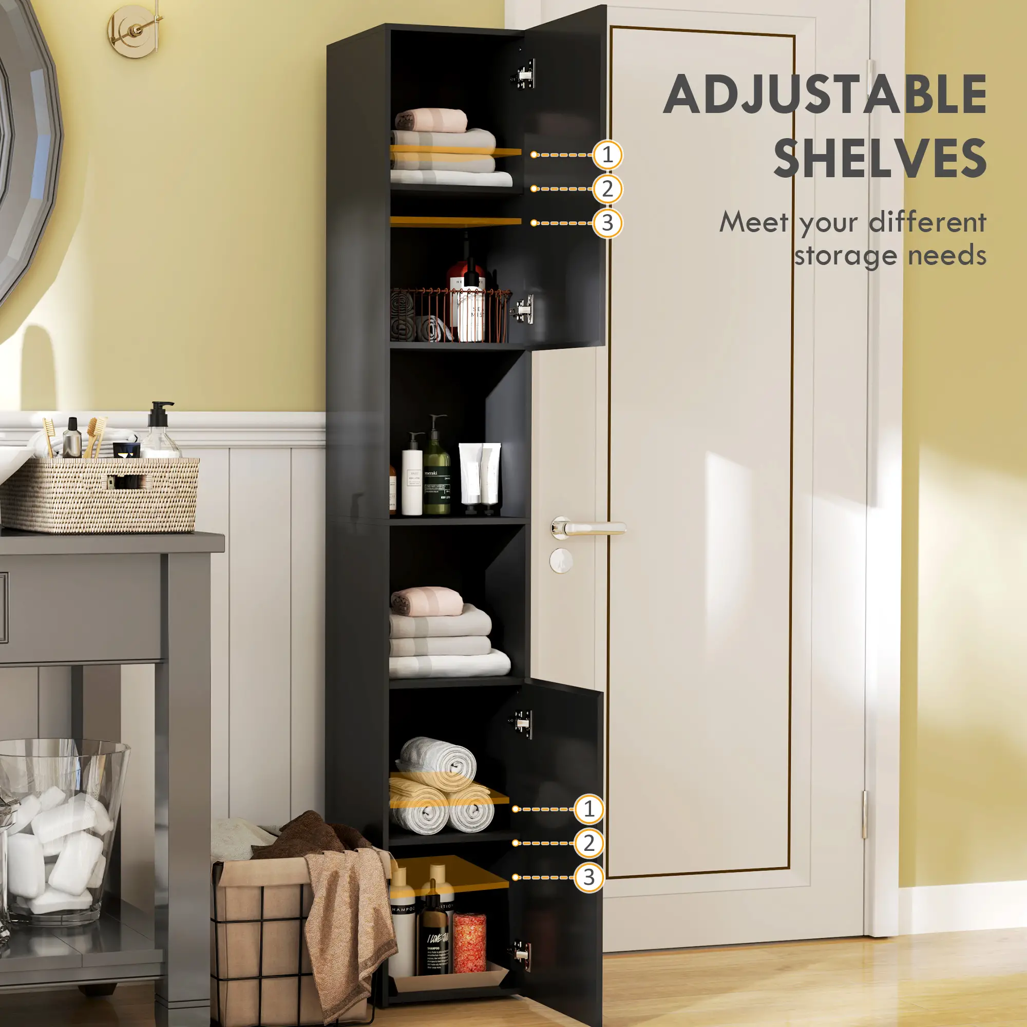 Tall Bathroom Cabinet, High Gloss Storage, Adjustable Shelves, 11.8" x 11.8" x 71.5", Black - Image 5