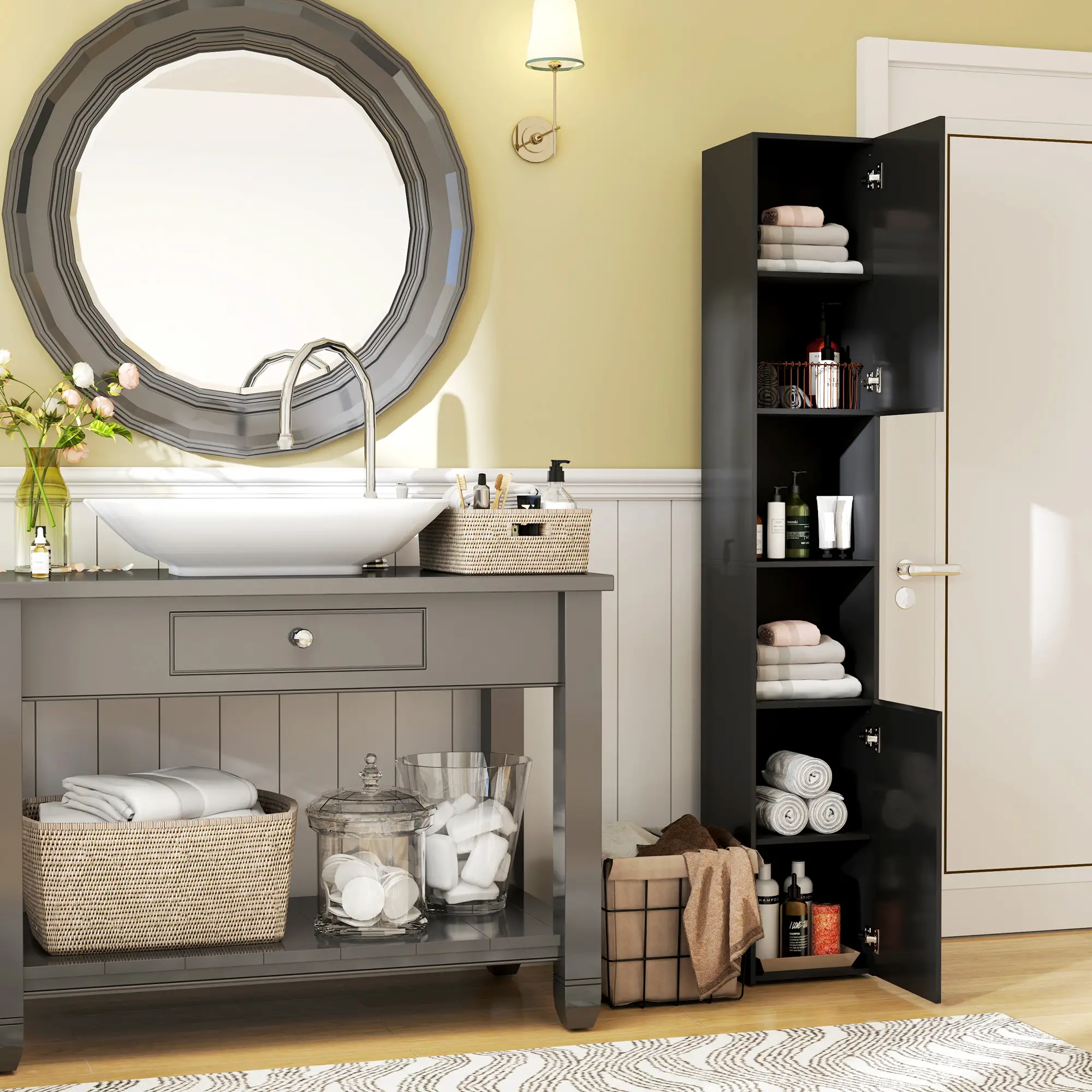Tall Bathroom Cabinet, High Gloss Storage, Adjustable Shelves, 11.8" x 11.8" x 71.5", Black - Image 7