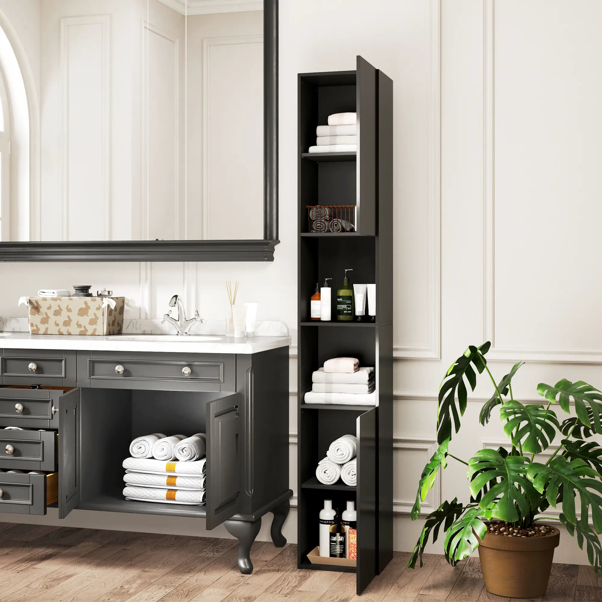 Tall Bathroom Cabinet, High Gloss Storage, Adjustable Shelves, 11.8" x 11.8" x 71.5", Black - Image 8