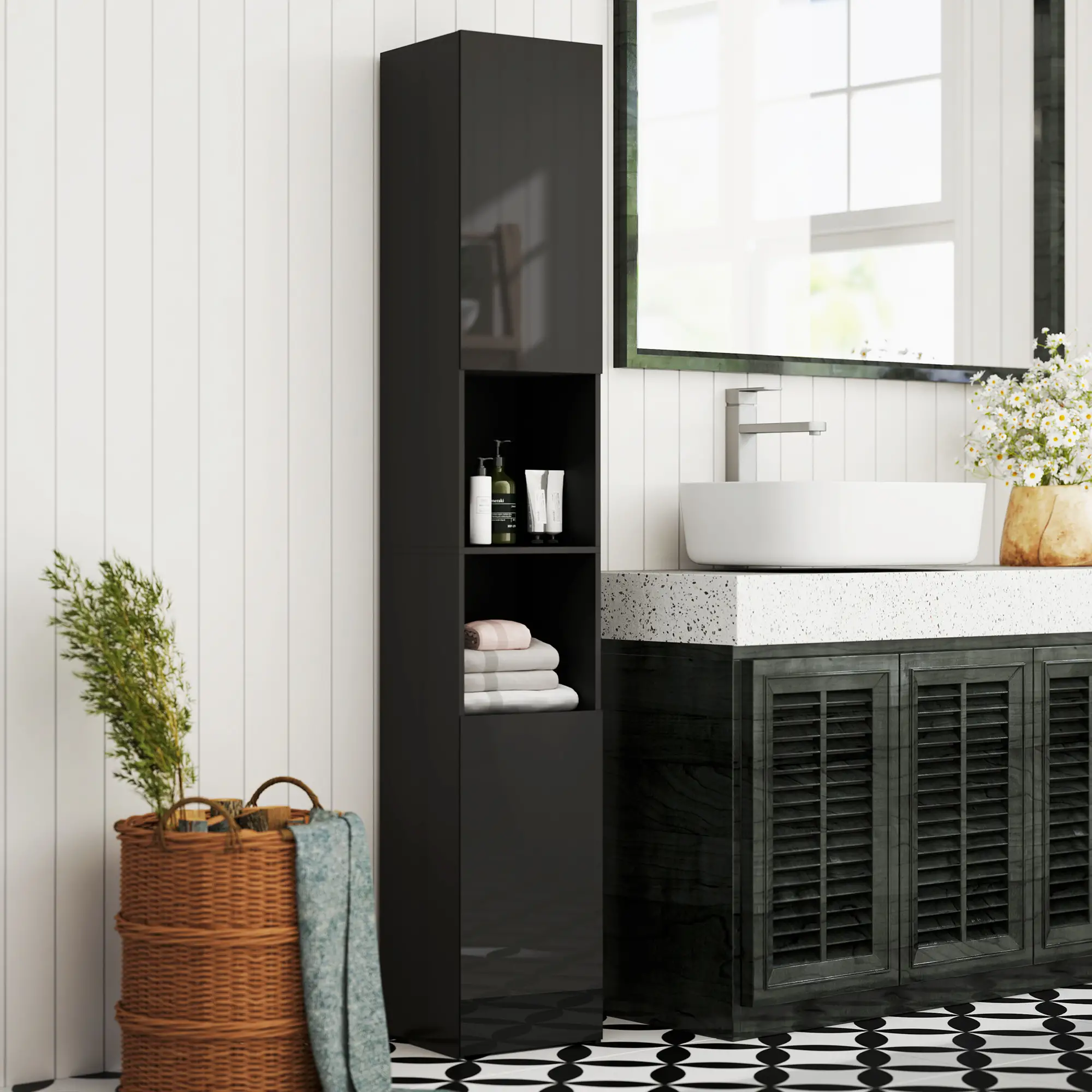 Tall Bathroom Cabinet, High Gloss Storage, Adjustable Shelves, 11.8" x 11.8" x 71.5", Black - Image 9