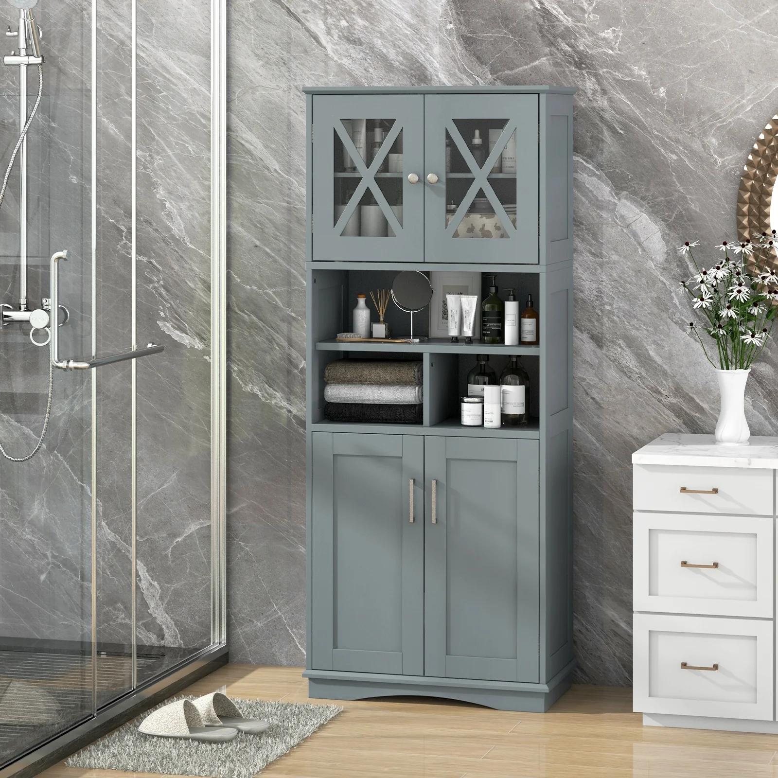 Tall Bathroom Cabinet, Large Floor Storage, Acrylic Doors, 3 Cubes, Gray - Image 2