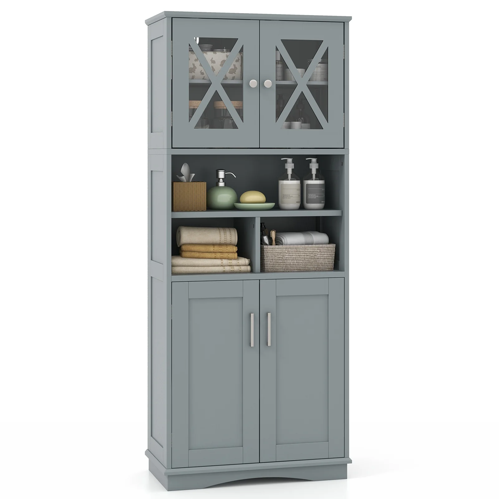 Tall Bathroom Cabinet, Large Floor Storage, Acrylic Doors, 3 Cubes, Gray - Image 4