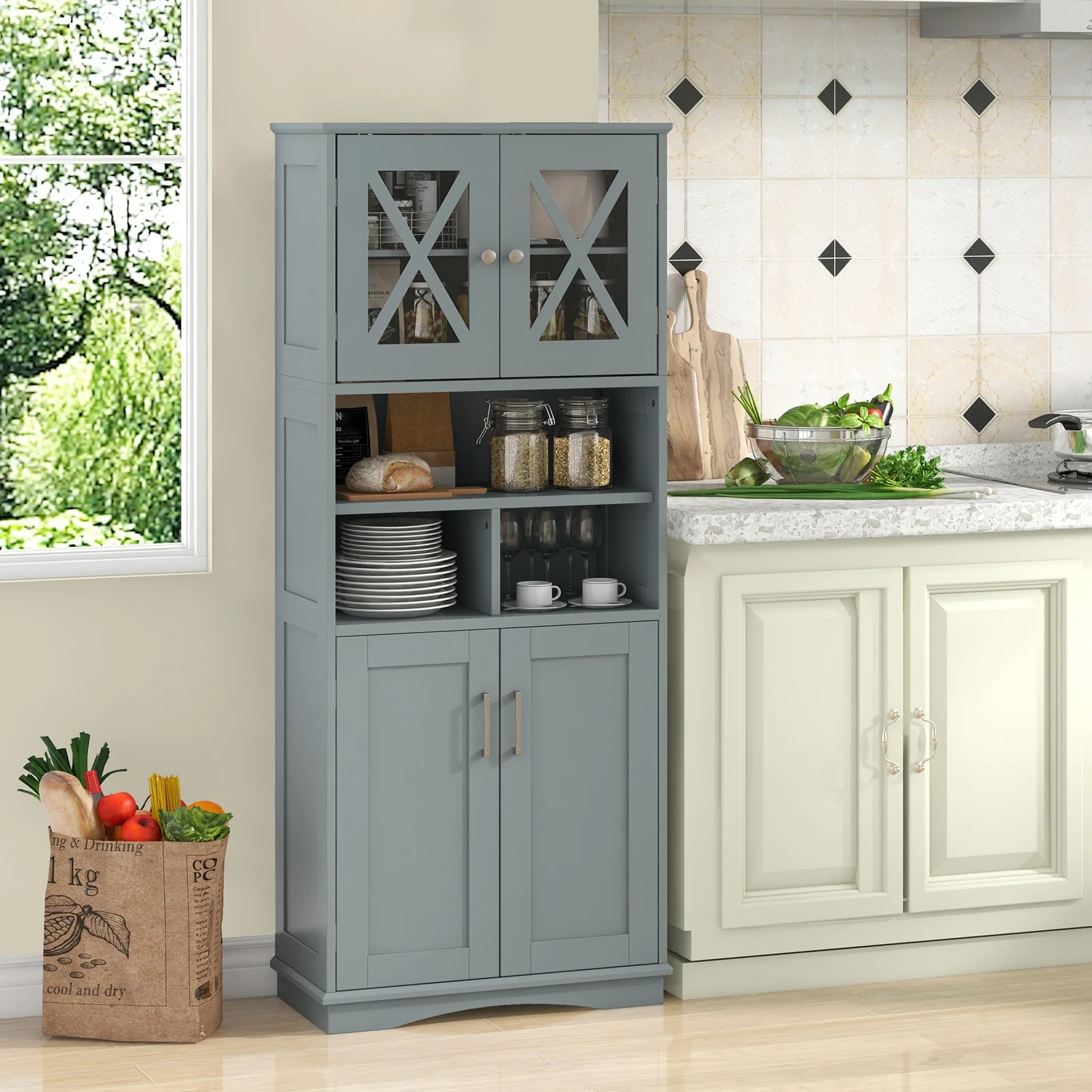 Tall Bathroom Cabinet, Large Floor Storage, Acrylic Doors, 3 Cubes, Gray - Image 7
