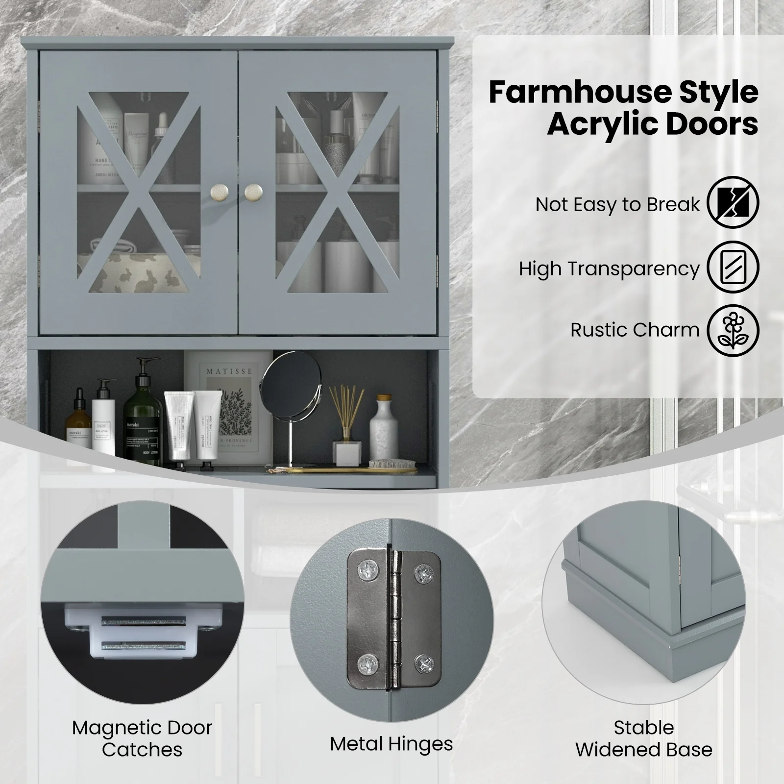 Tall Bathroom Cabinet, Large Floor Storage, Acrylic Doors, 3 Cubes, Gray - Image 8