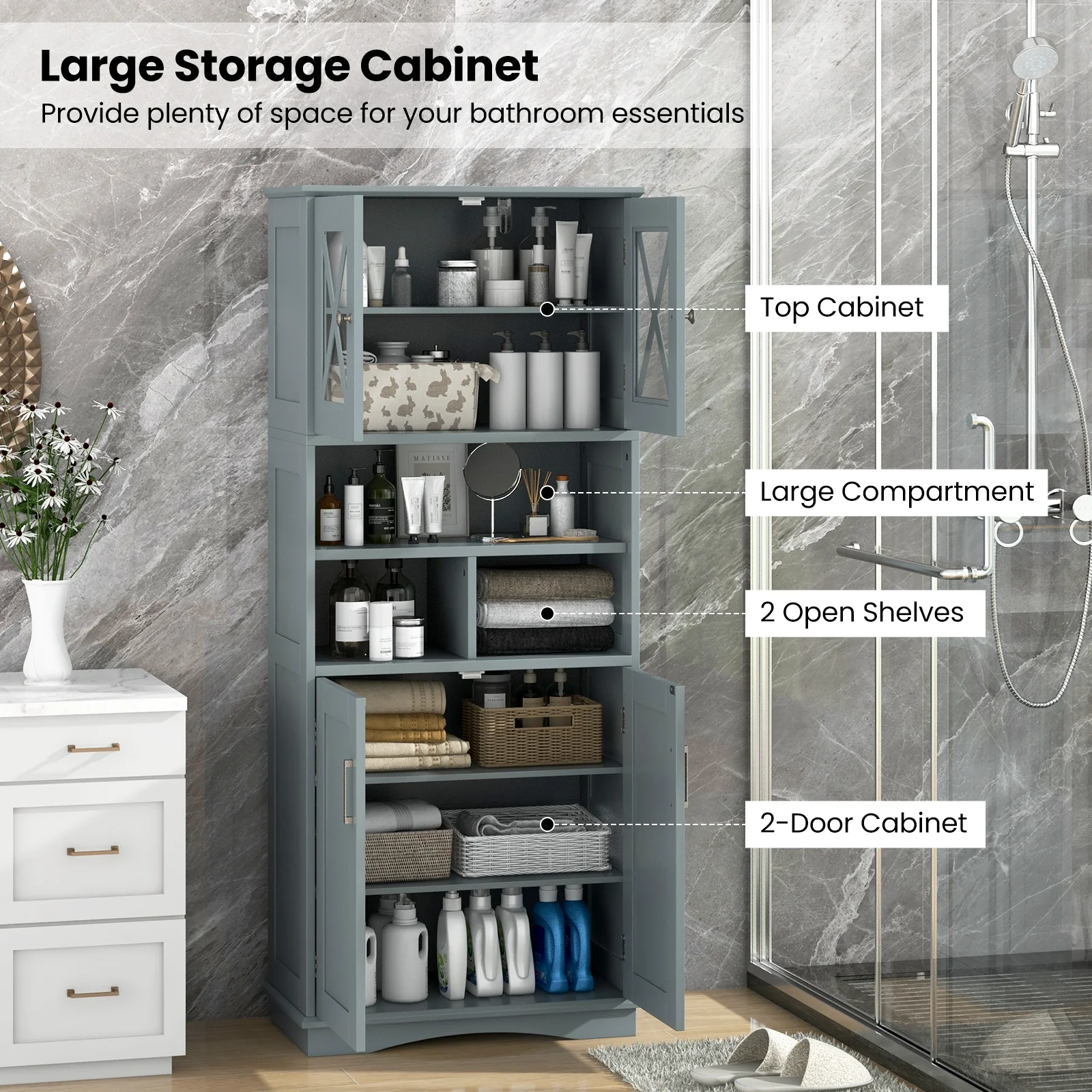 Tall Bathroom Cabinet, Large Floor Storage, Acrylic Doors, 3 Cubes, Gray - Image 9