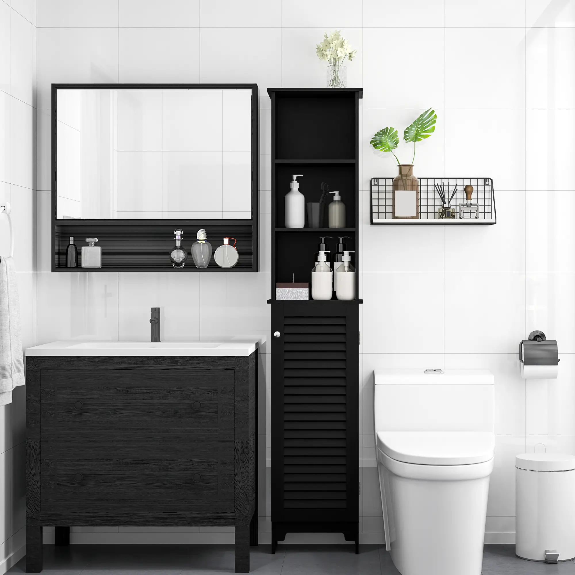 Tall Bathroom Storage Cabinet, 3-Tier Adjustable Shelf, Black - Image 10