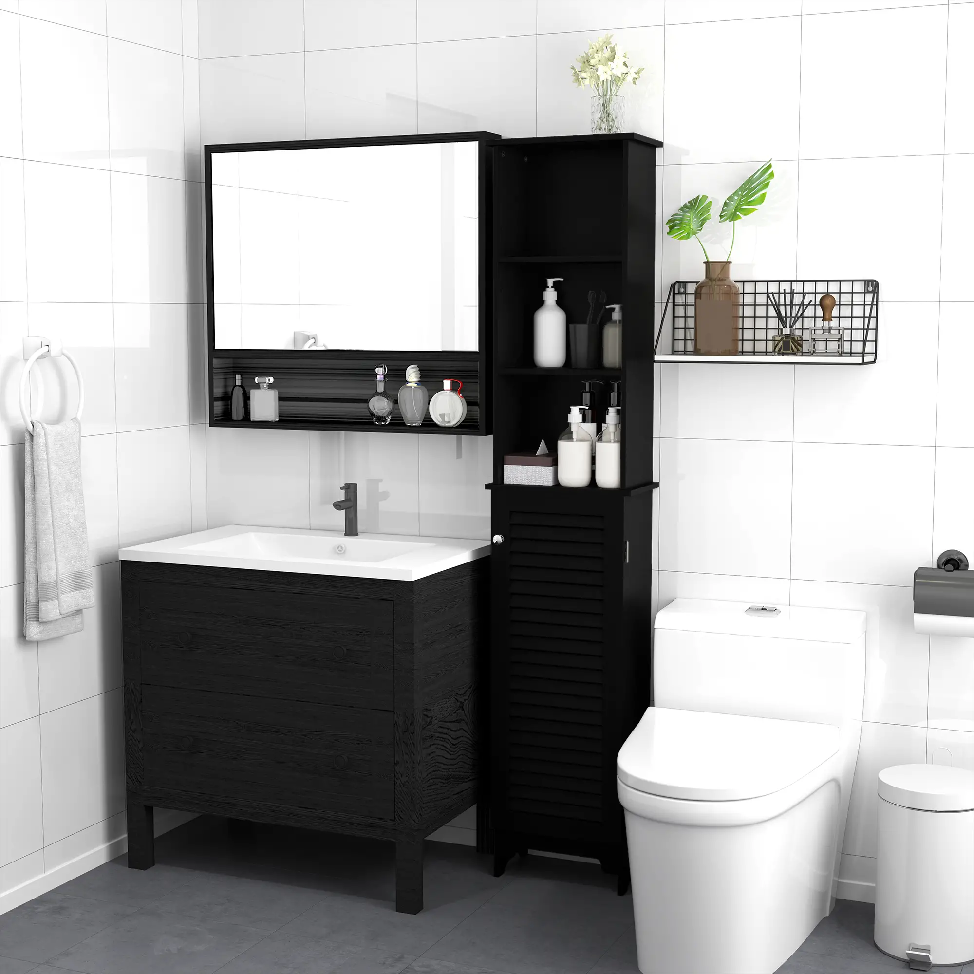 Tall Bathroom Storage Cabinet, 3-Tier Adjustable Shelf, Black - Image 2