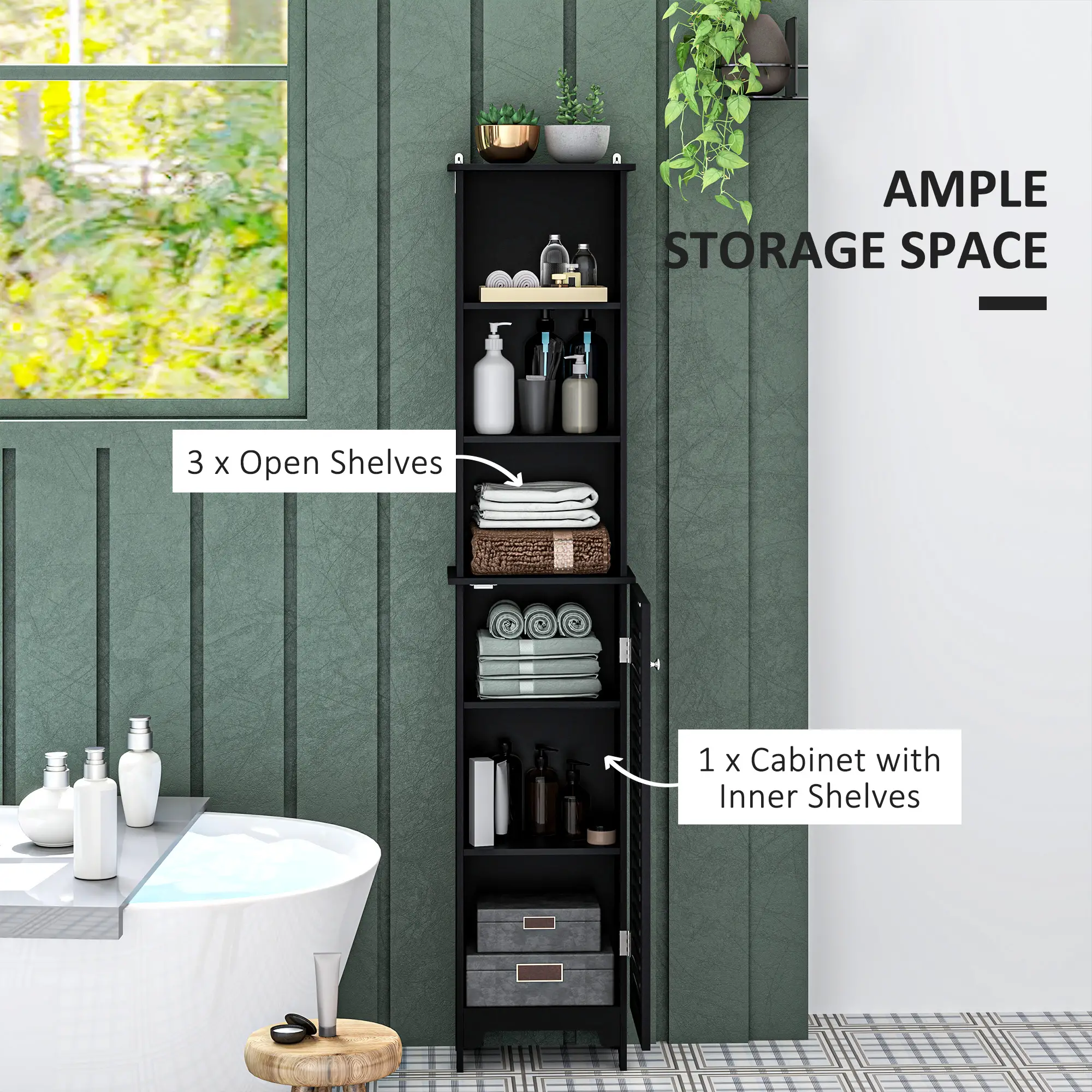 Tall Bathroom Storage Cabinet, 3-Tier Adjustable Shelf, Black - Image 4