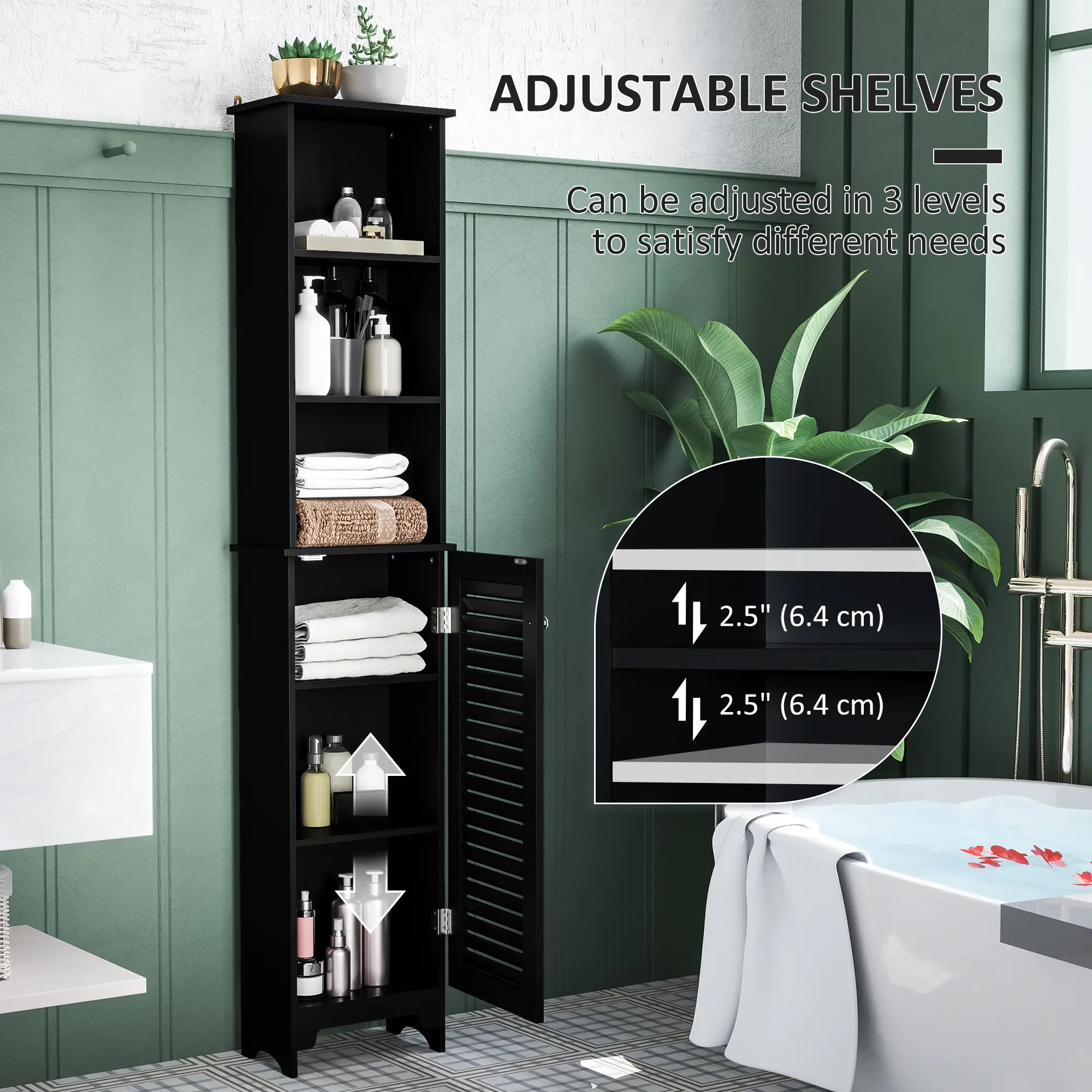 Tall Bathroom Storage Cabinet, 3-Tier Adjustable Shelf, Black - Image 5