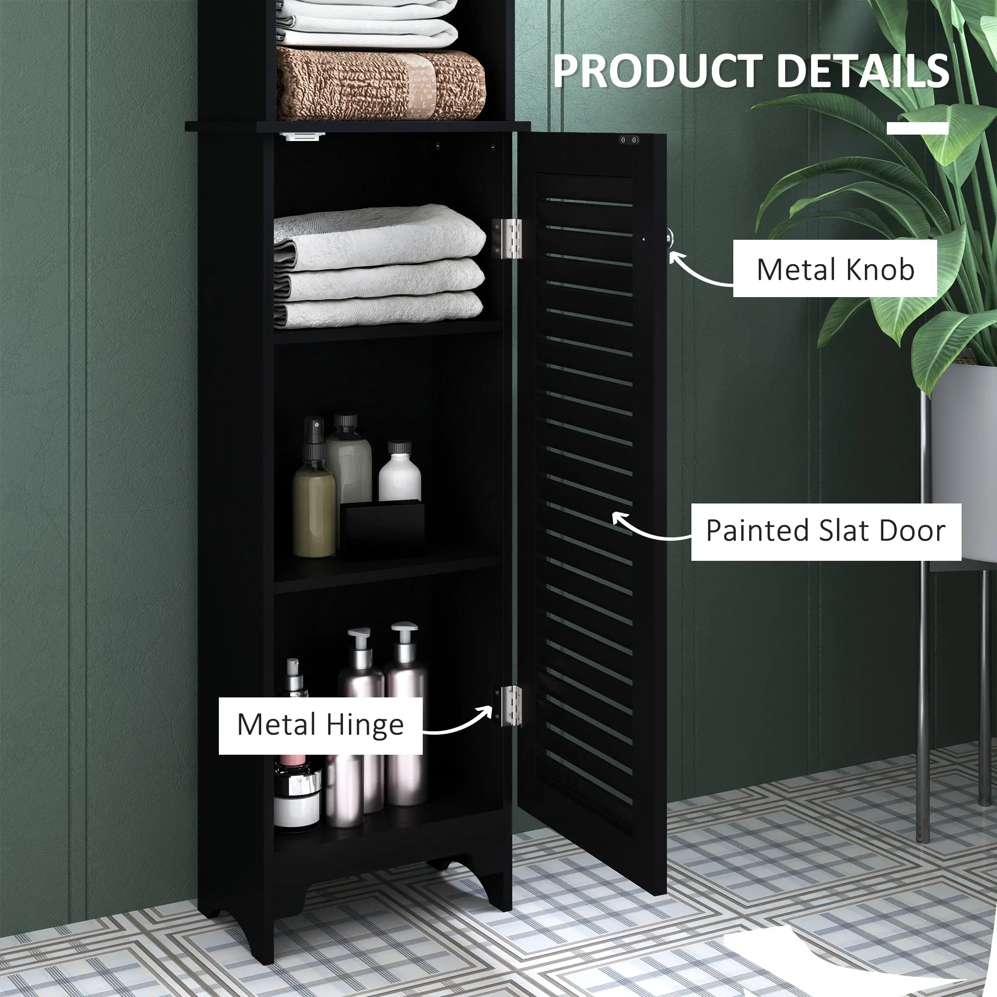 Tall Bathroom Storage Cabinet, 3-Tier Adjustable Shelf, Black - Image 6