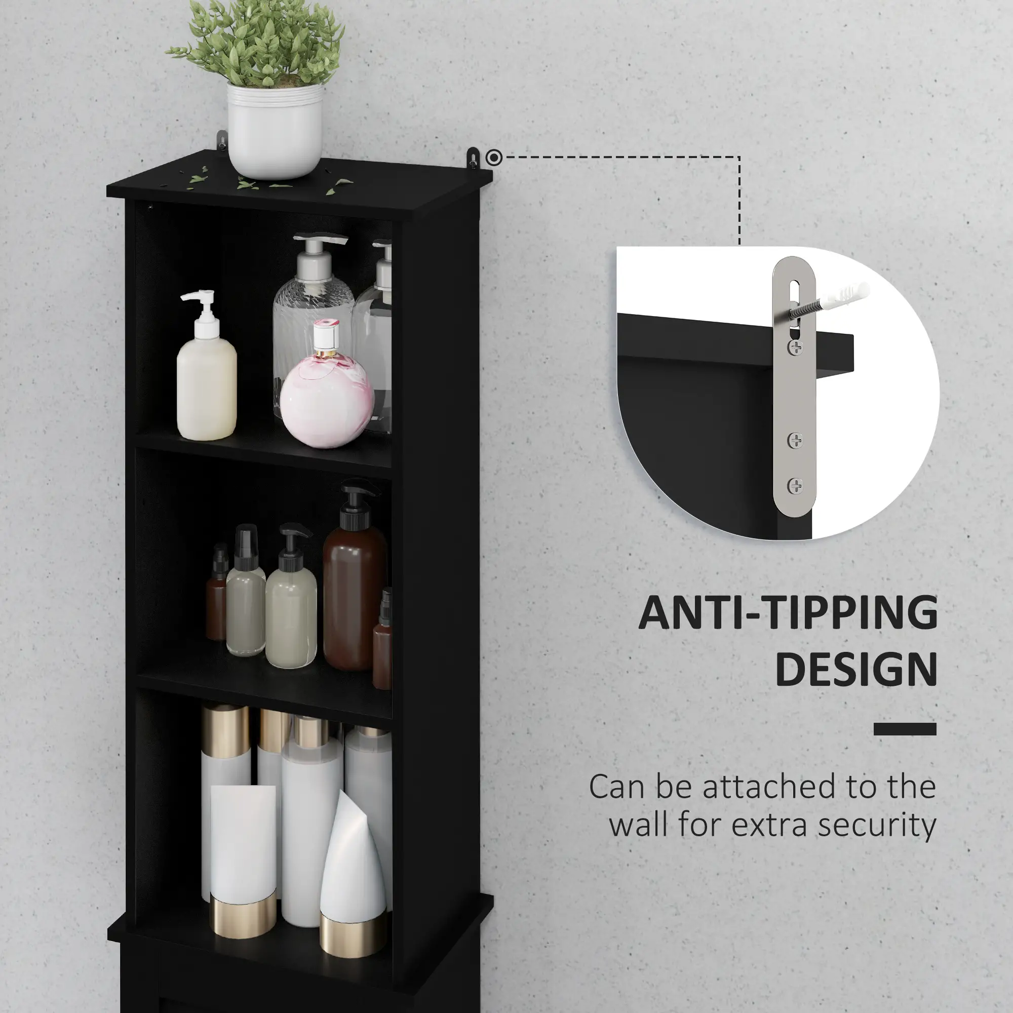 Tall Bathroom Storage Cabinet, 3-Tier Adjustable Shelf, Black - Image 7