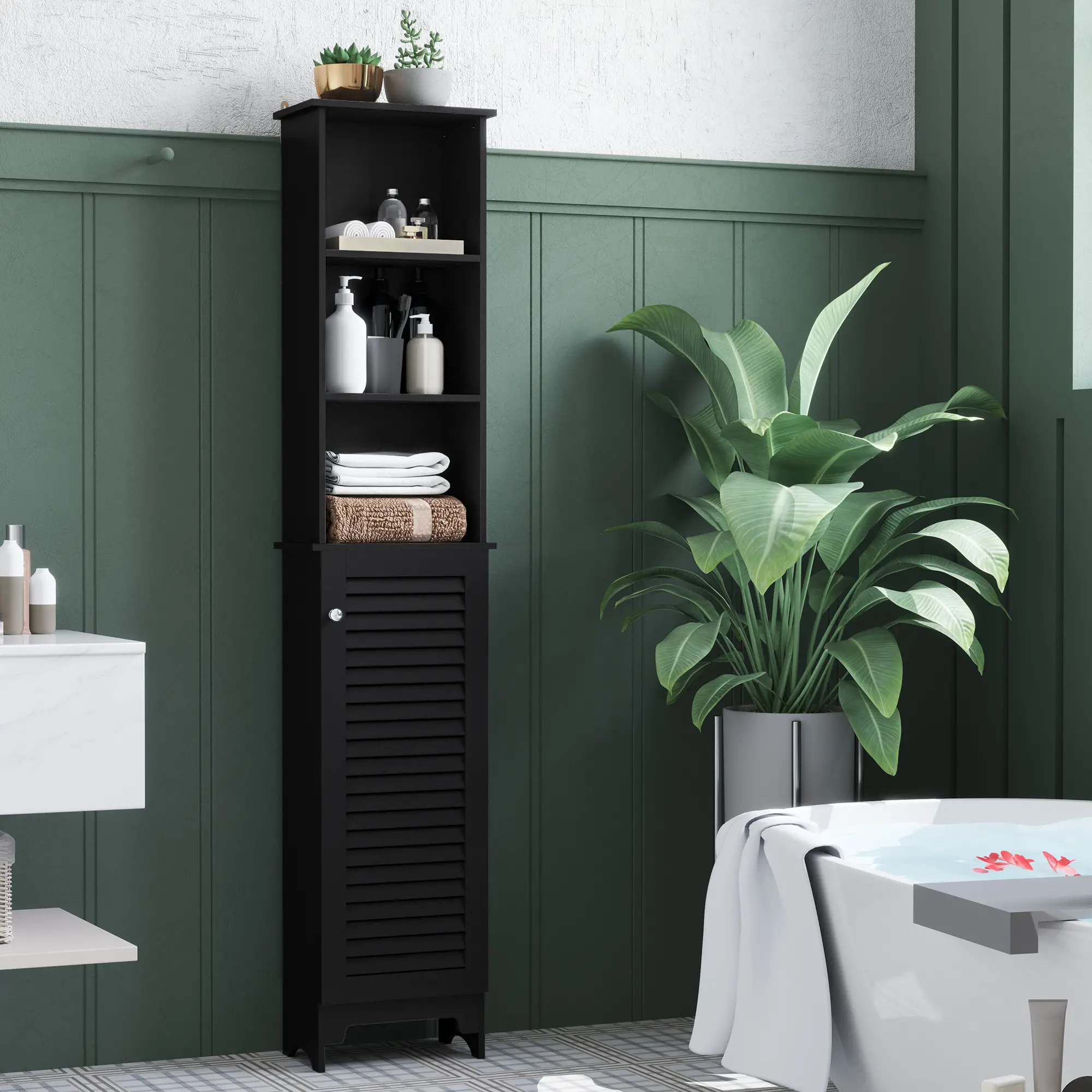Tall Bathroom Storage Cabinet, 3-Tier Adjustable Shelf, Black - Image 8