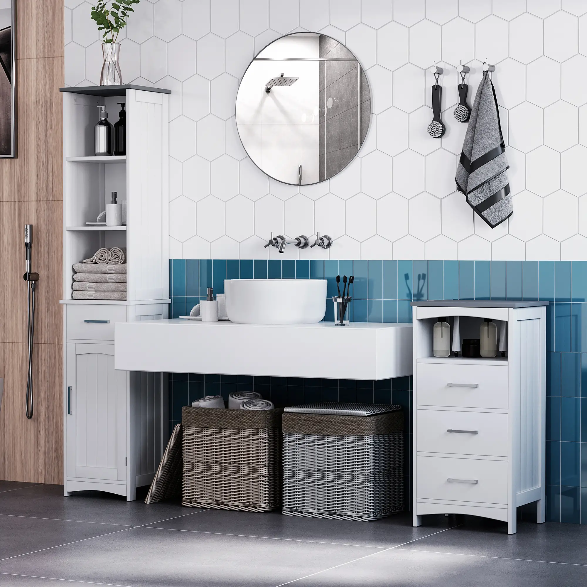 Tall Bathroom Storage Cabinet, 3 Tier Shelf with Drawer, White - Image 10