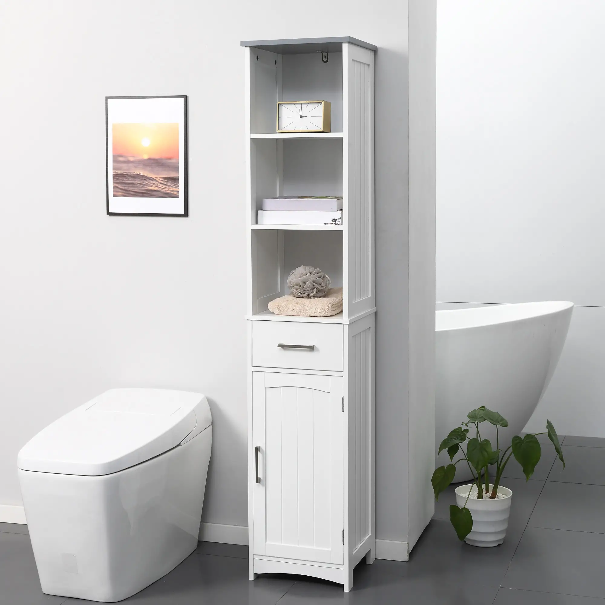 Tall Bathroom Storage Cabinet, 3 Tier Shelf with Drawer, White - Image 2