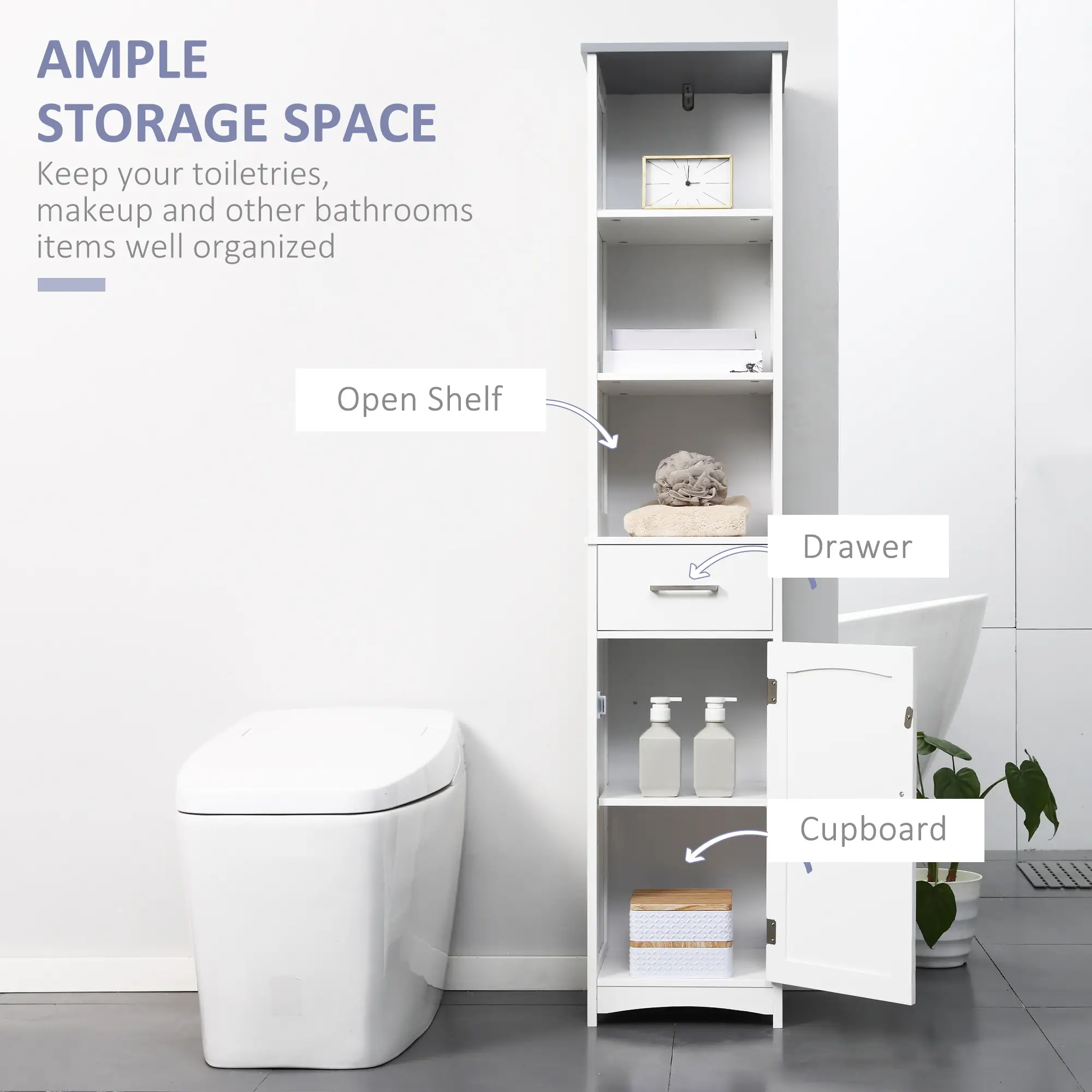 Tall Bathroom Storage Cabinet, 3 Tier Shelf with Drawer, White - Image 4