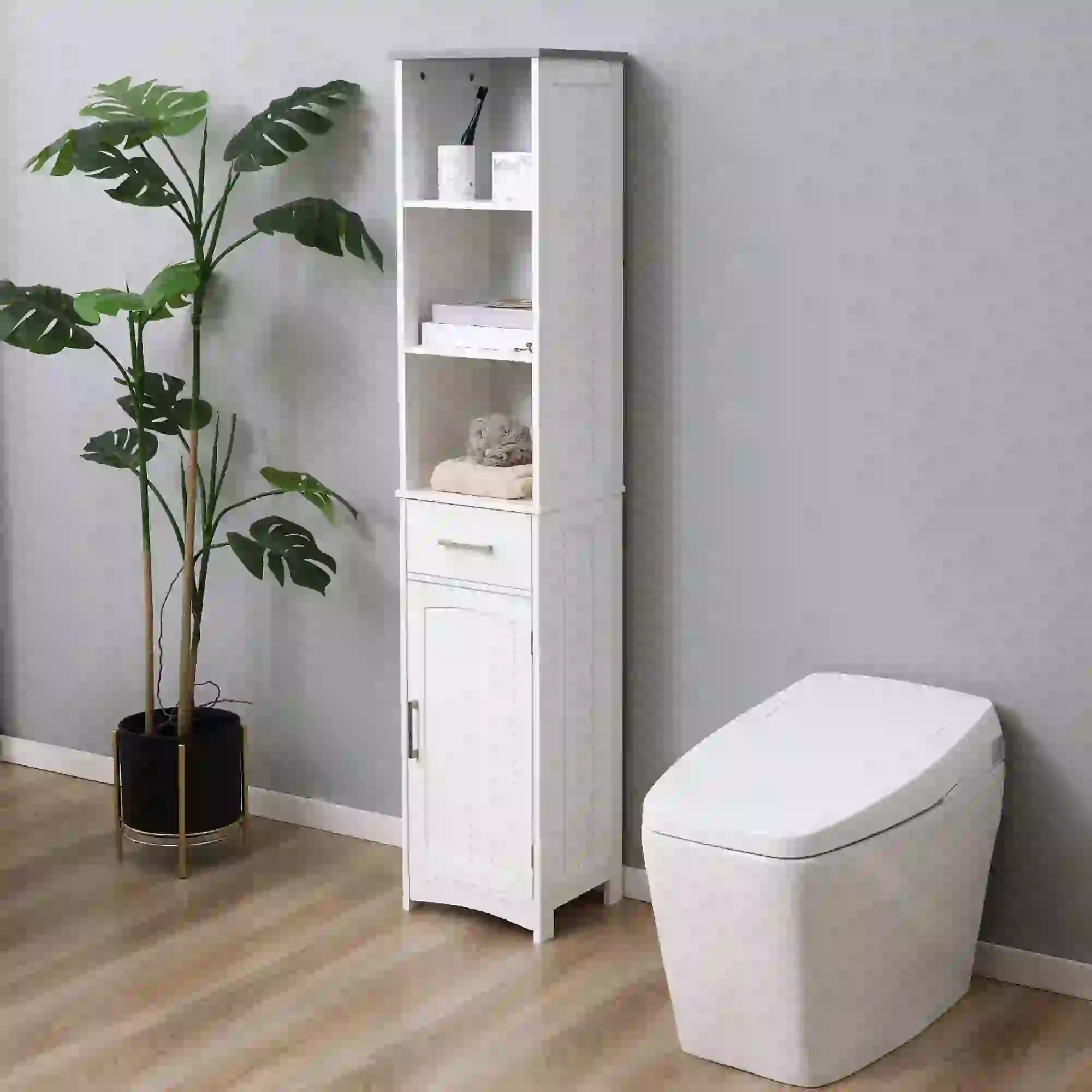 Tall Bathroom Storage Cabinet, 3 Tier Shelf with Drawer, White - Image 8
